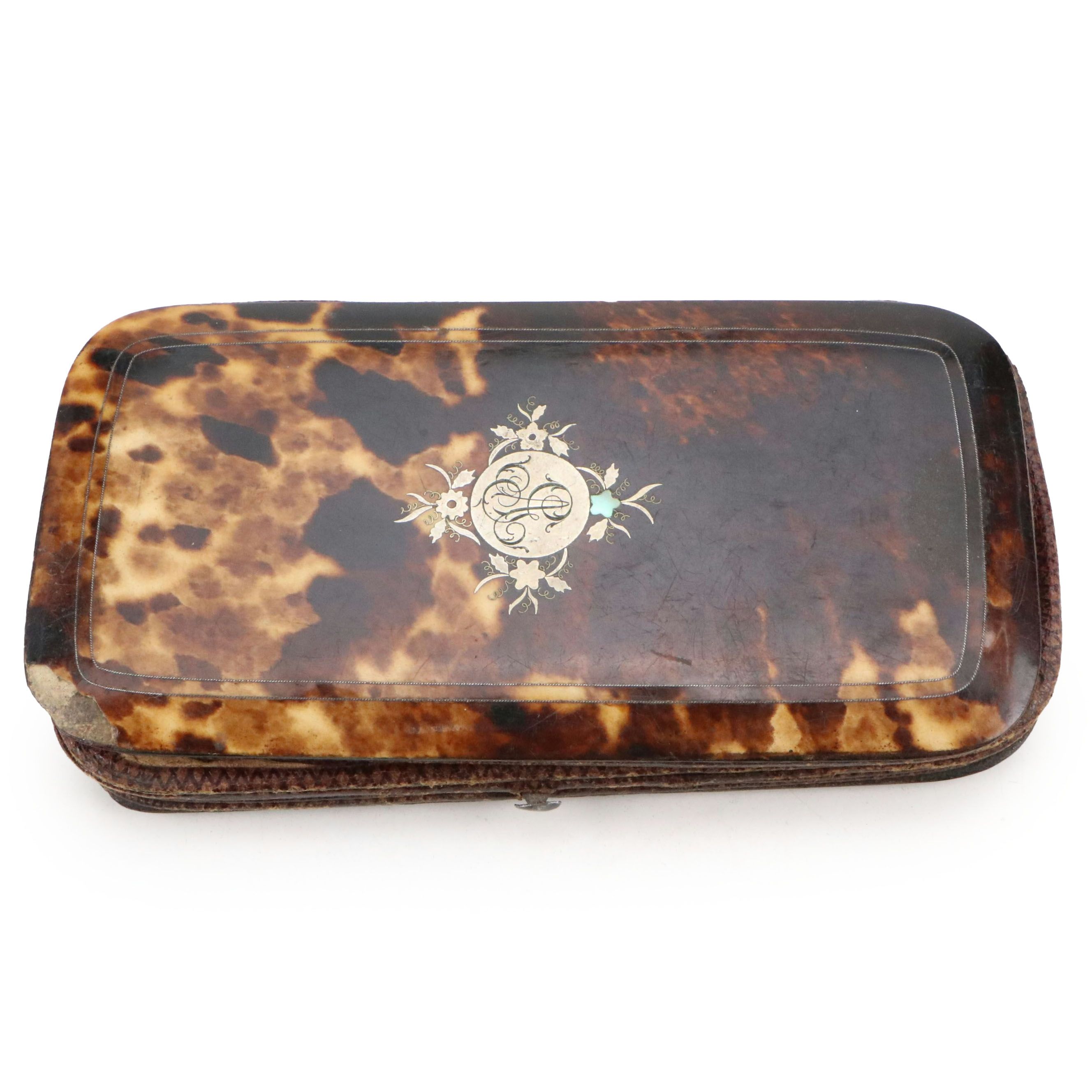 Continental Tortoiseshell Case with MOP and Silver Cartouche Inlay