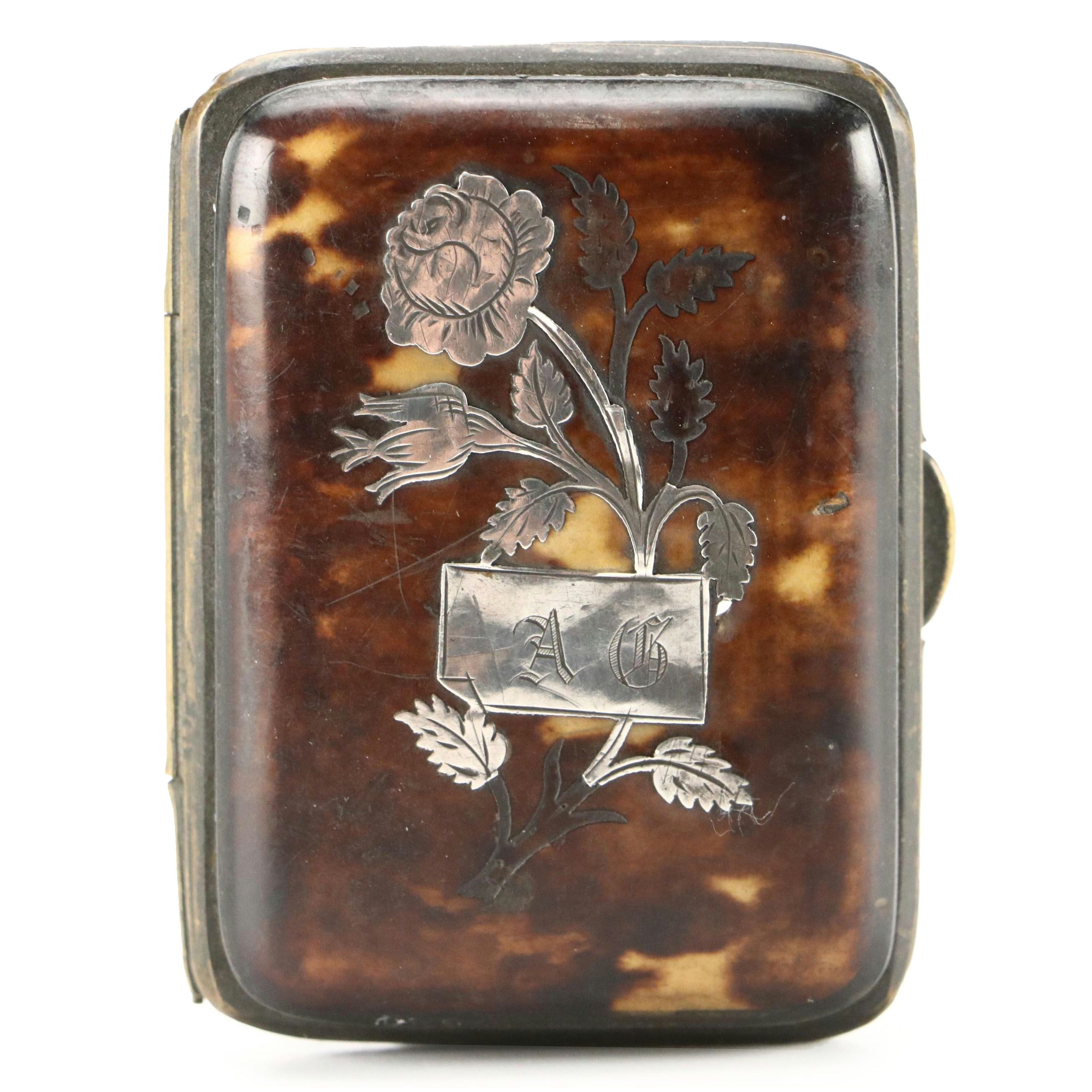 Continental Tortoiseshell and Silver Foliate Inlay Hinged Box, Antique