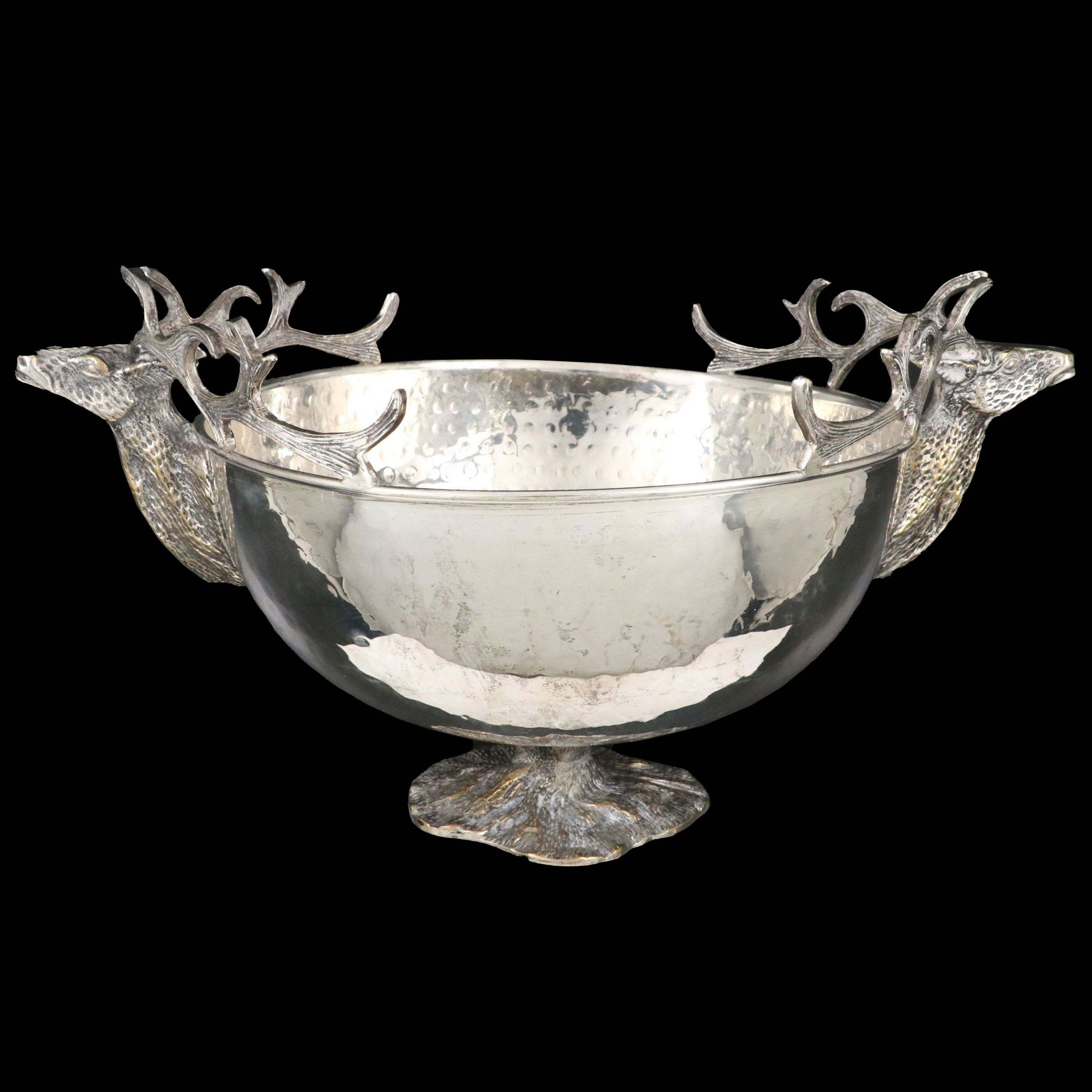 Stag Head Handled Hammered Metal Bowl