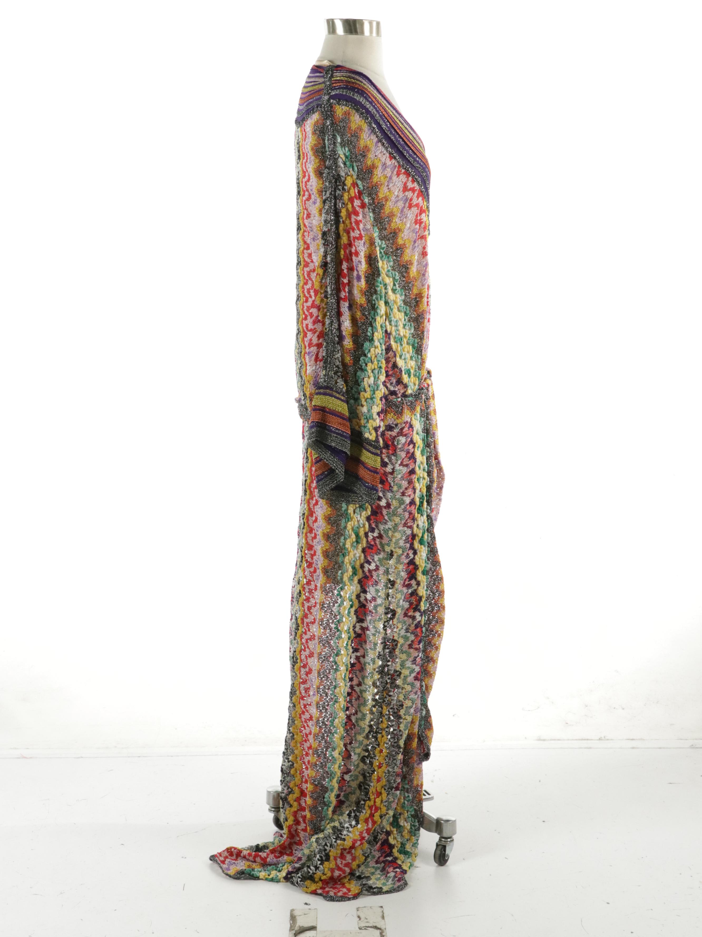 Missoni Flare Sleeve Maxi Dress in Multicolor Striped Metallic Crochet Knit