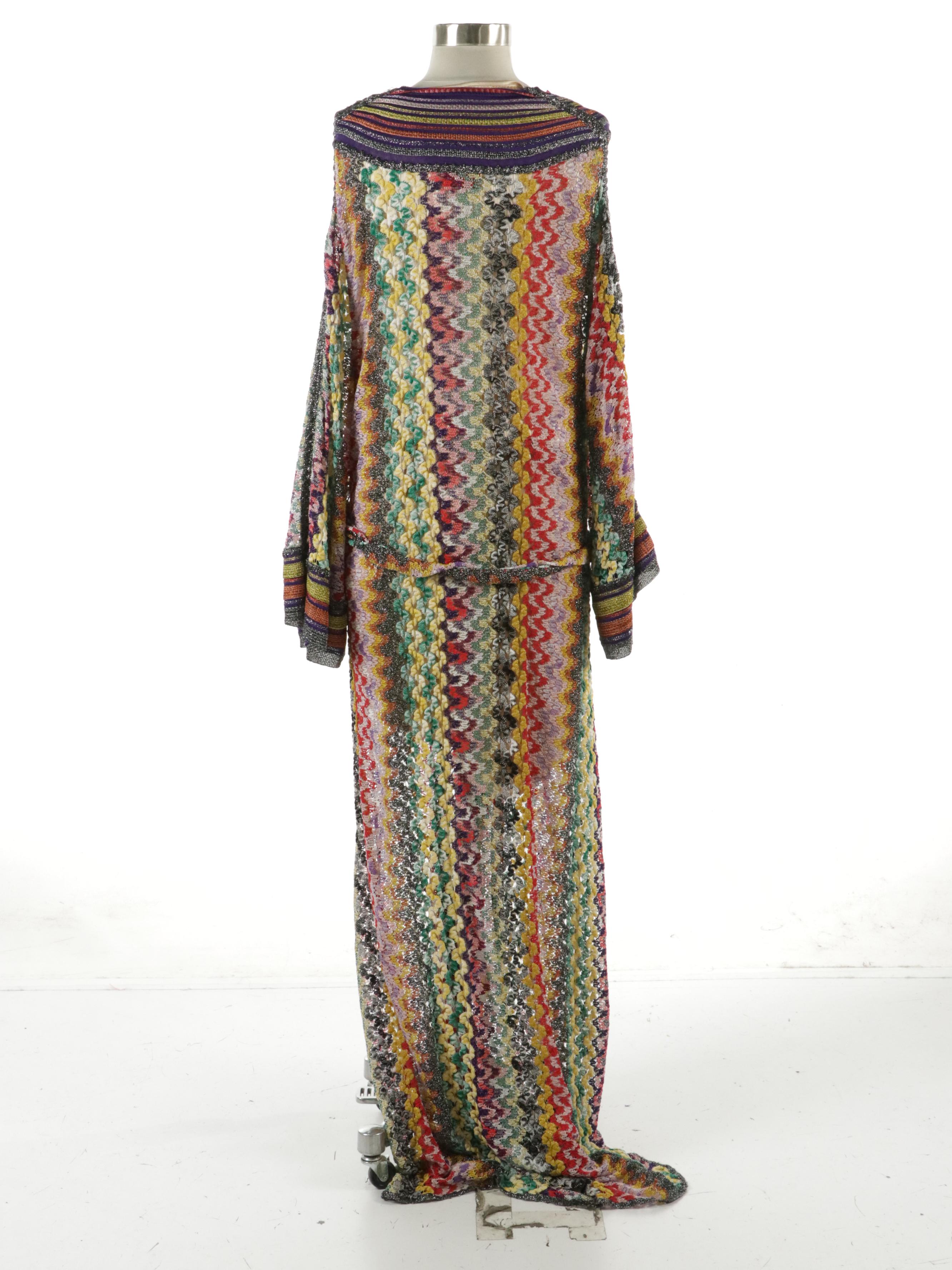 Missoni Flare Sleeve Maxi Dress in Multicolor Striped Metallic Crochet Knit
