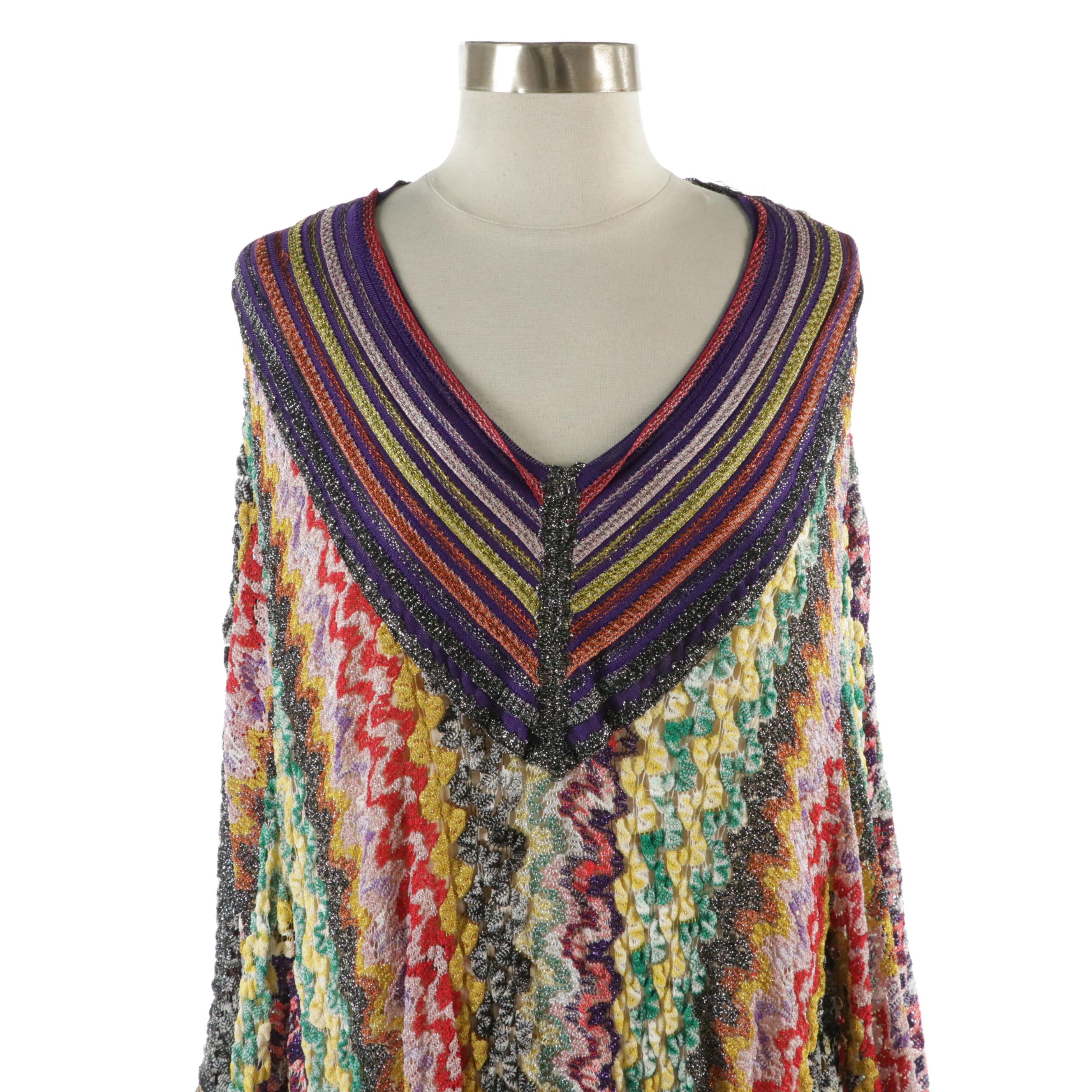 Missoni Flare Sleeve Maxi Dress in Multicolor Striped Metallic Crochet Knit