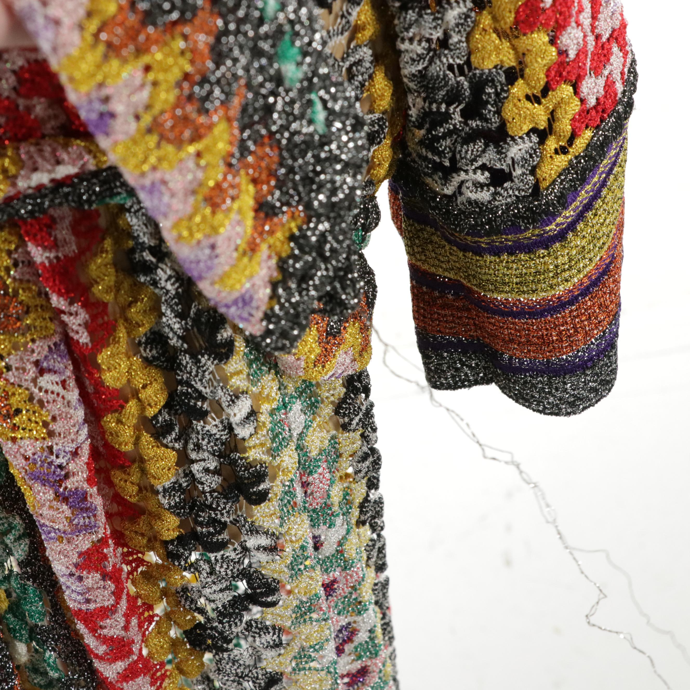 Missoni Flare Sleeve Maxi Dress in Multicolor Striped Metallic Crochet Knit