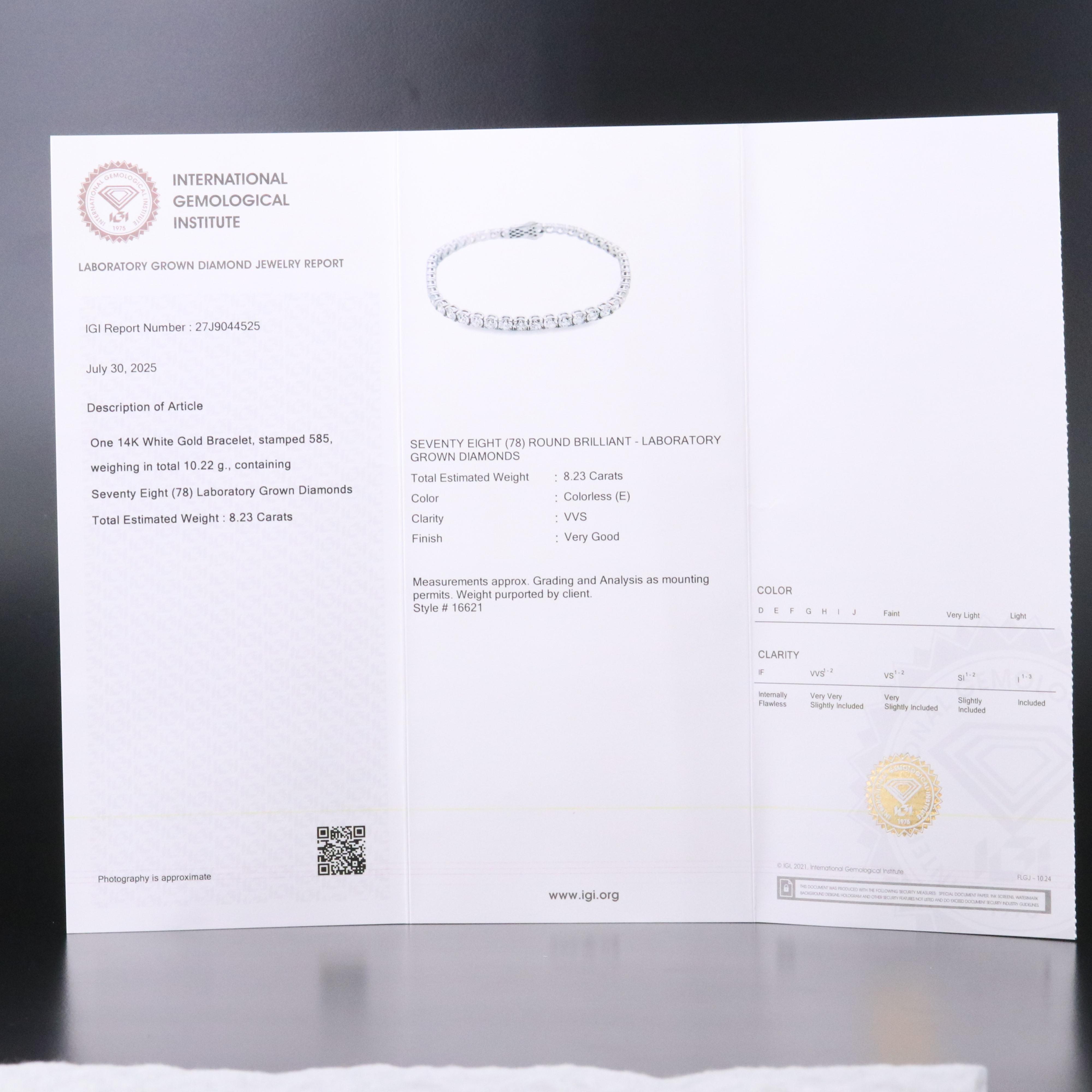 14K 8.23 CTW Lab Grown Diamond Line Bracelet with IGI Jewelry Report