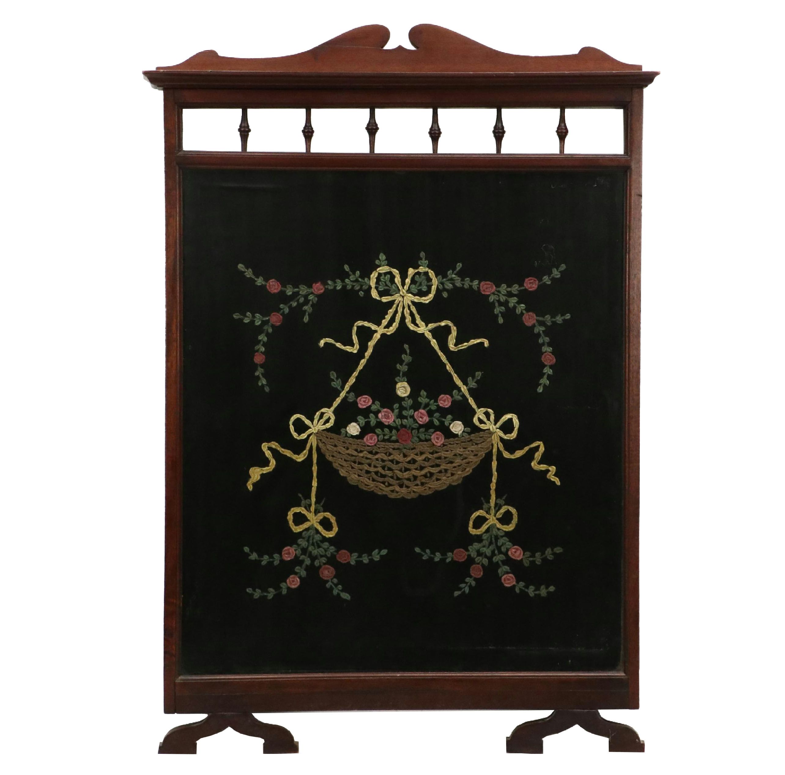 Chippendale Style Glass Covered Embroidered Fireplace Screen