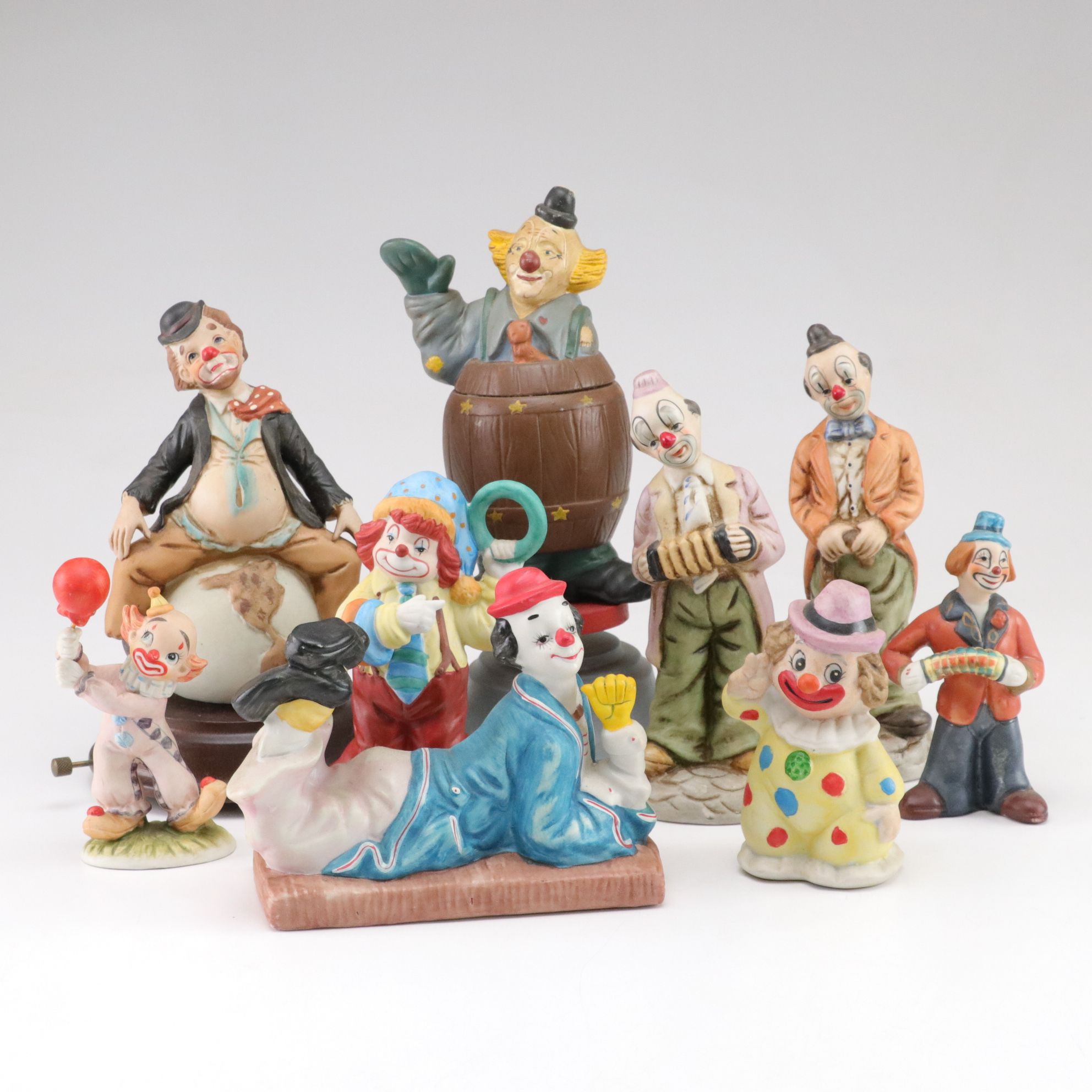 Hand-Painted Bisque Clown Figurine & Music Box Collection