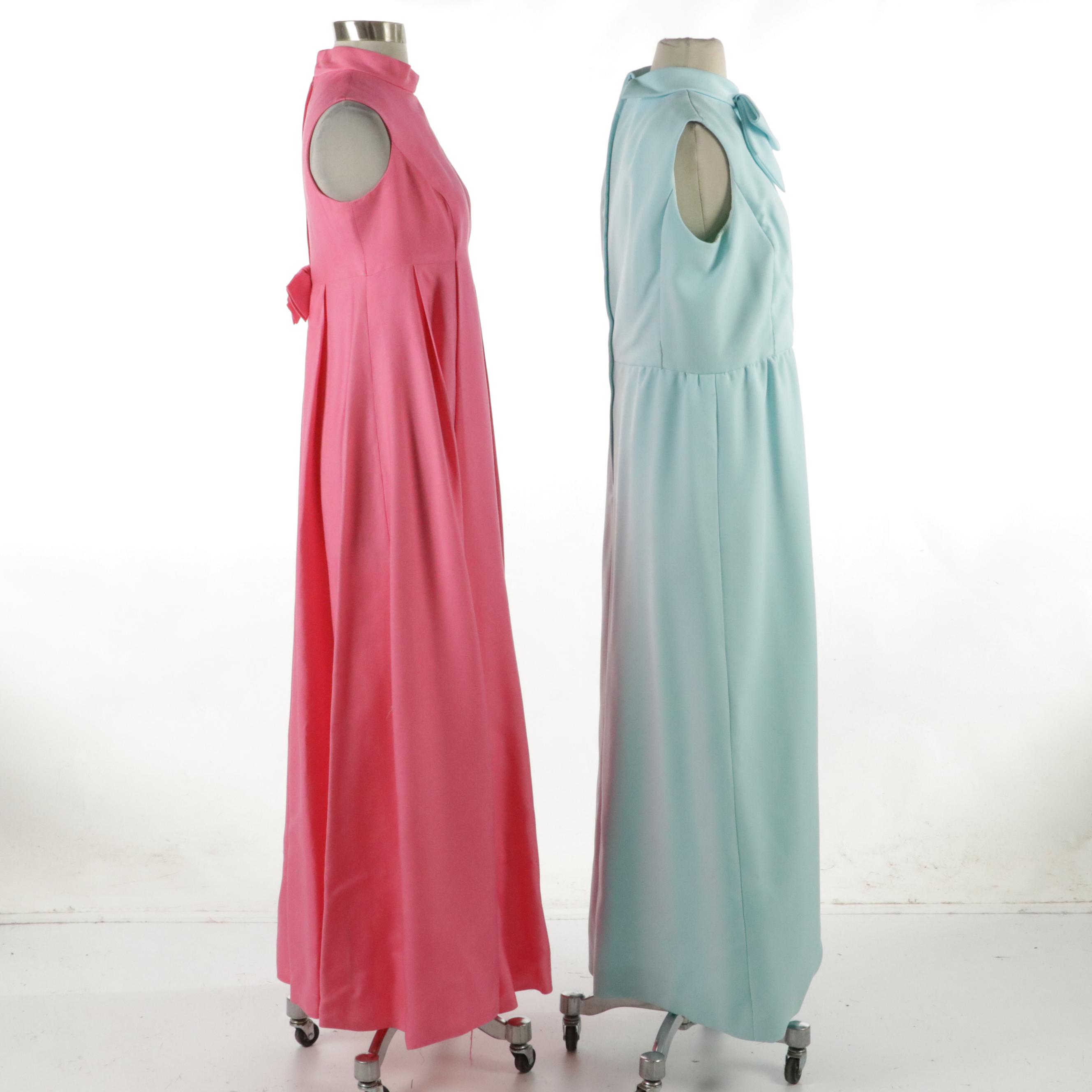 Bow Detail Sleeveless Maxi Dresses, circa 1970