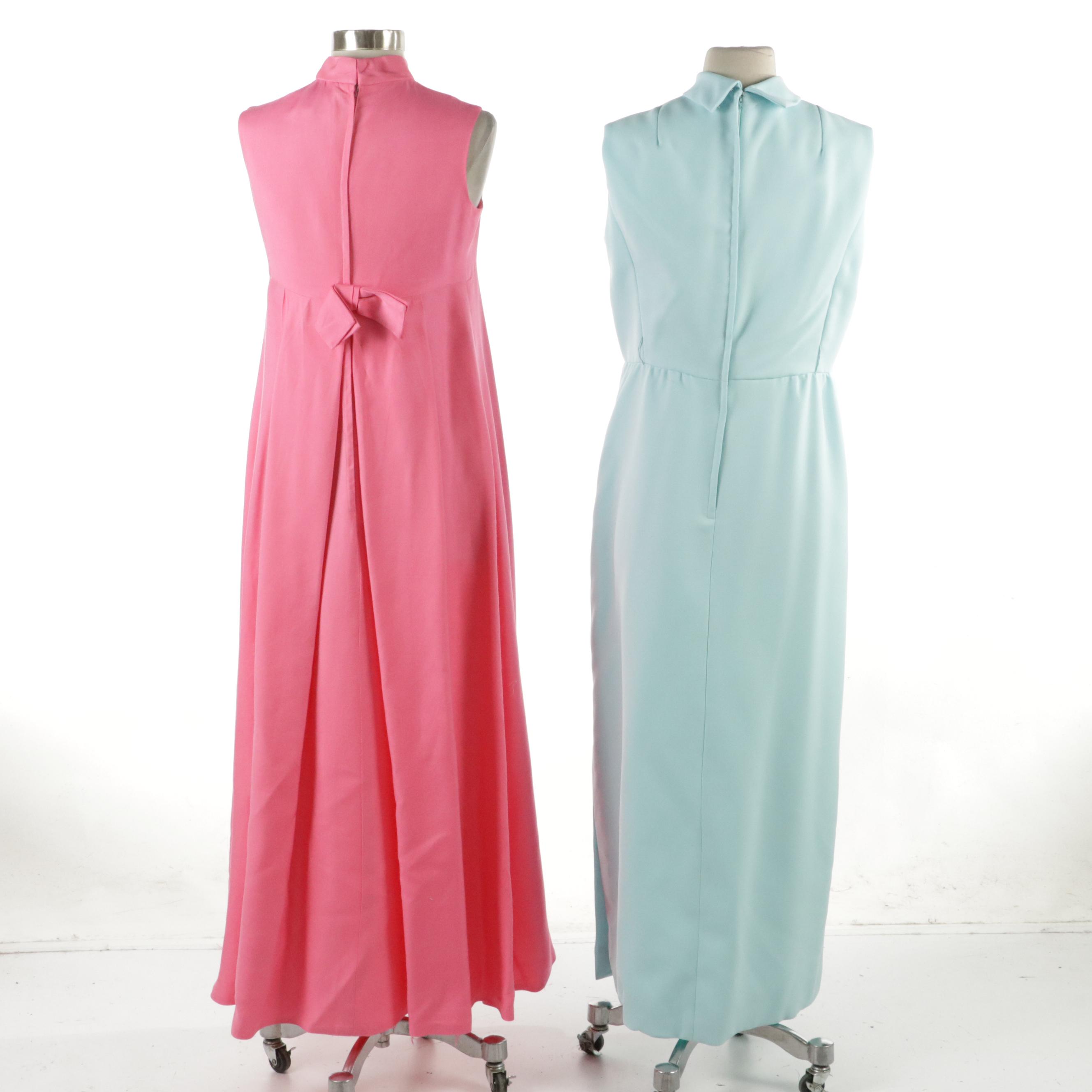 Bow Detail Sleeveless Maxi Dresses, circa 1970