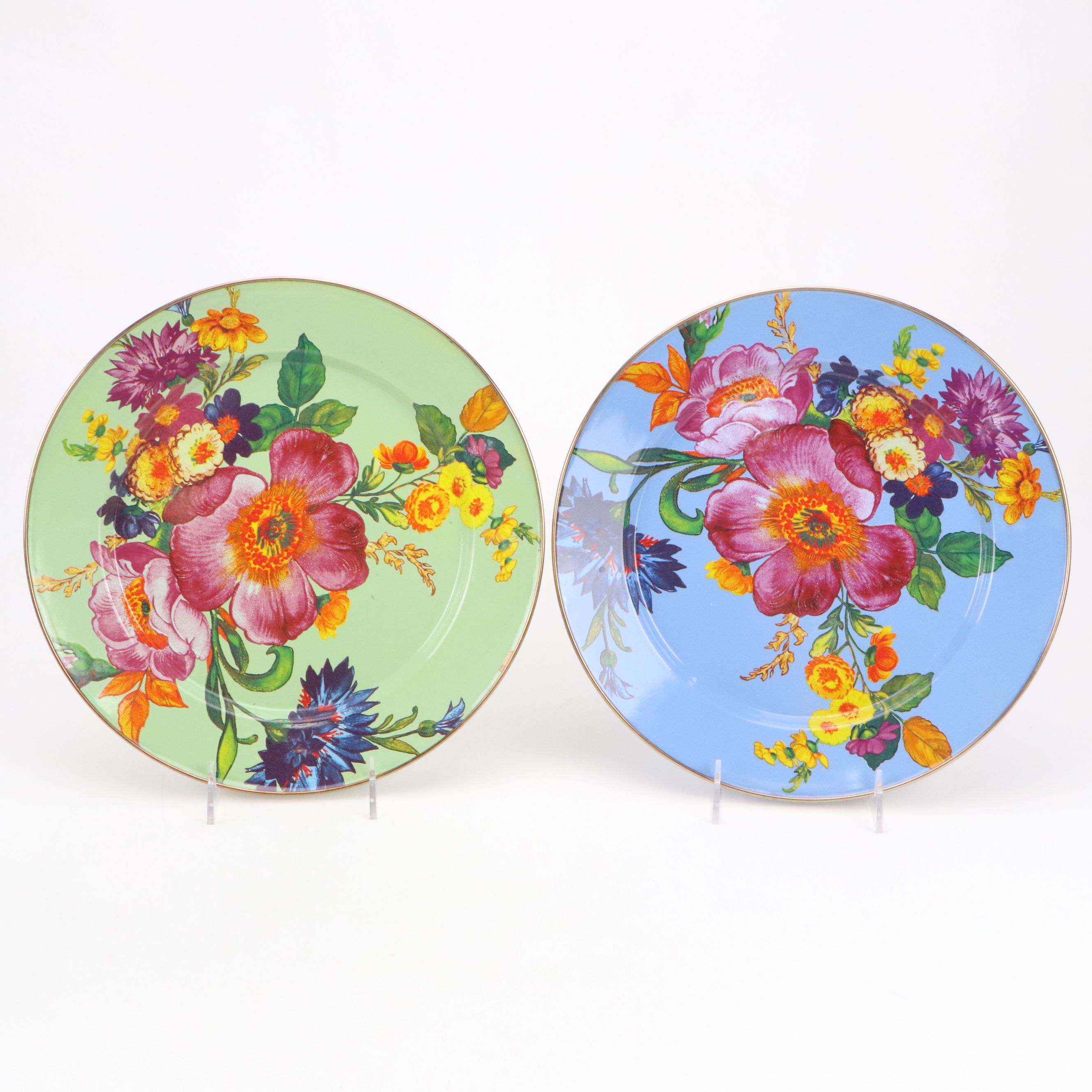 MacKenzie-Childs "Circus" Water Goblets with Glass and Metal Floral Plates