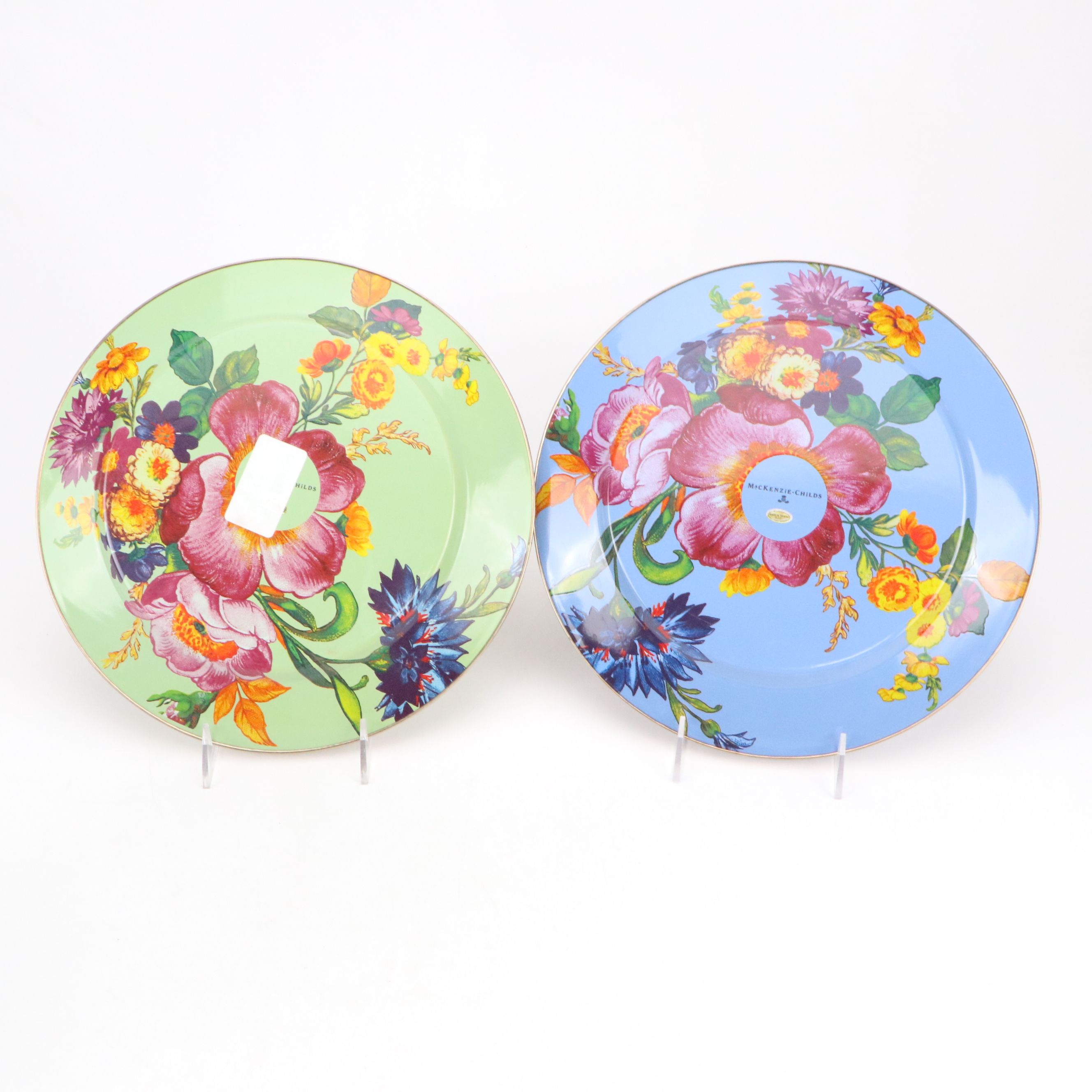 MacKenzie-Childs "Circus" Water Goblets with Glass and Metal Floral Plates