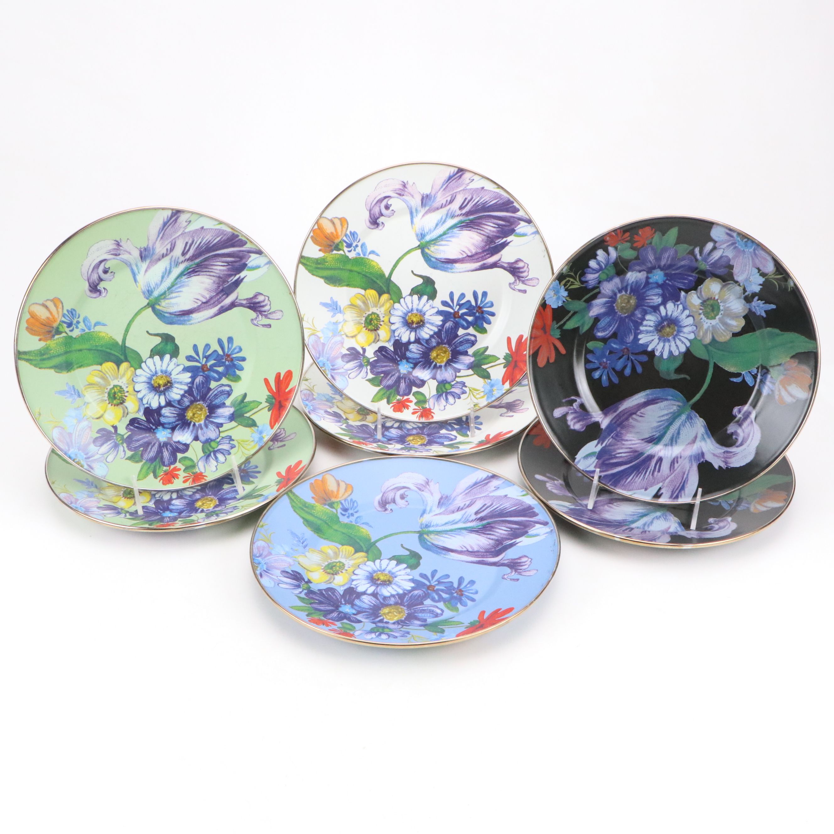 MacKenzie-Childs "Circus" Water Goblets with Glass and Metal Floral Plates