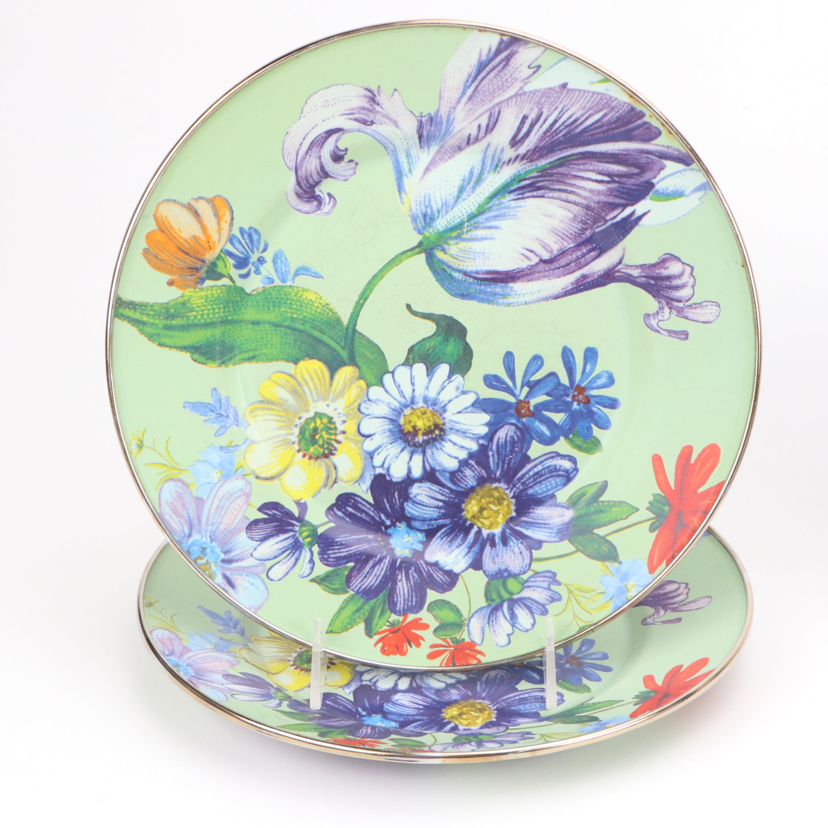 MacKenzie-Childs "Circus" Water Goblets with Glass and Metal Floral Plates