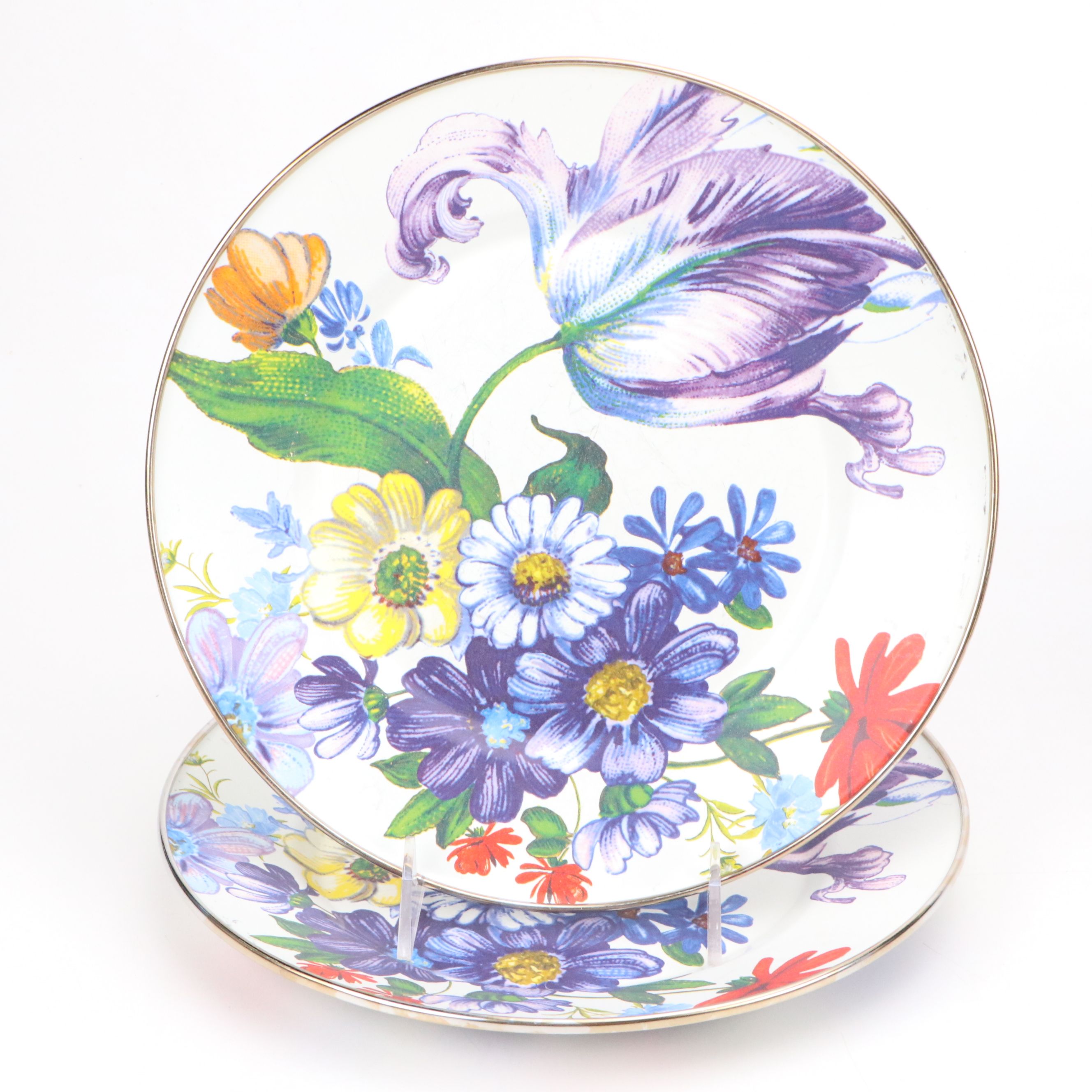 MacKenzie-Childs "Circus" Water Goblets with Glass and Metal Floral Plates