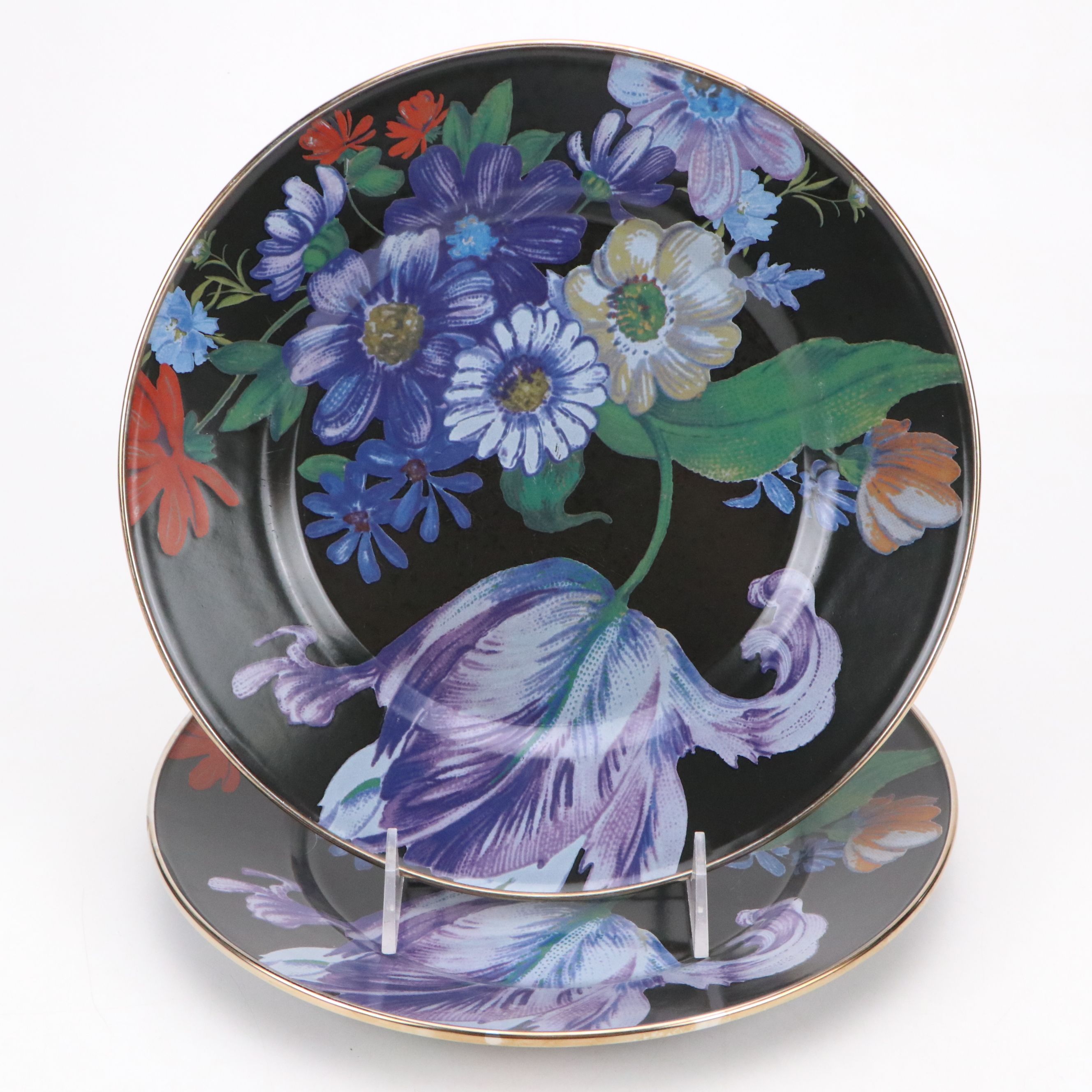 MacKenzie-Childs "Circus" Water Goblets with Glass and Metal Floral Plates