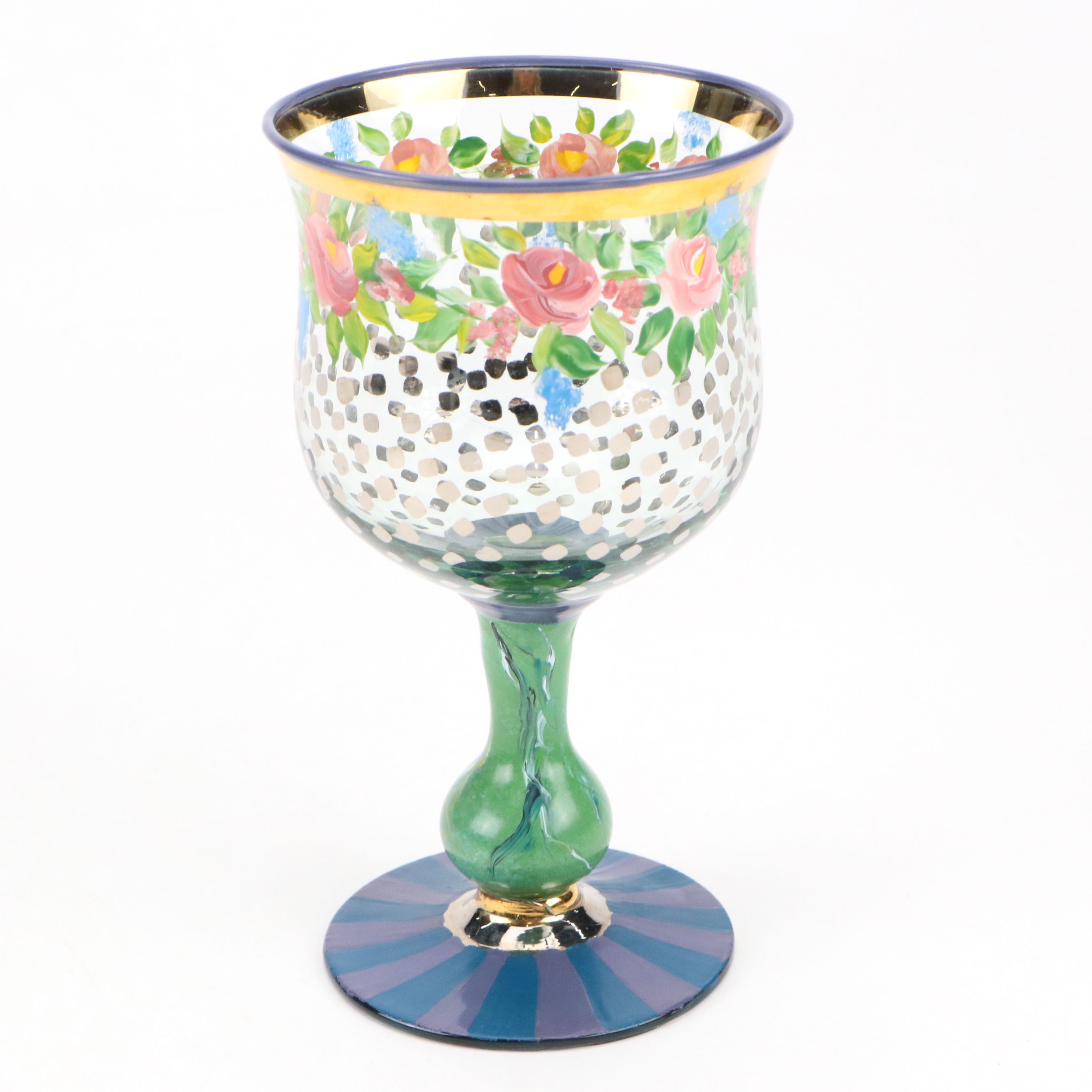 MacKenzie-Childs "Circus" Water Goblets with Glass and Metal Floral Plates