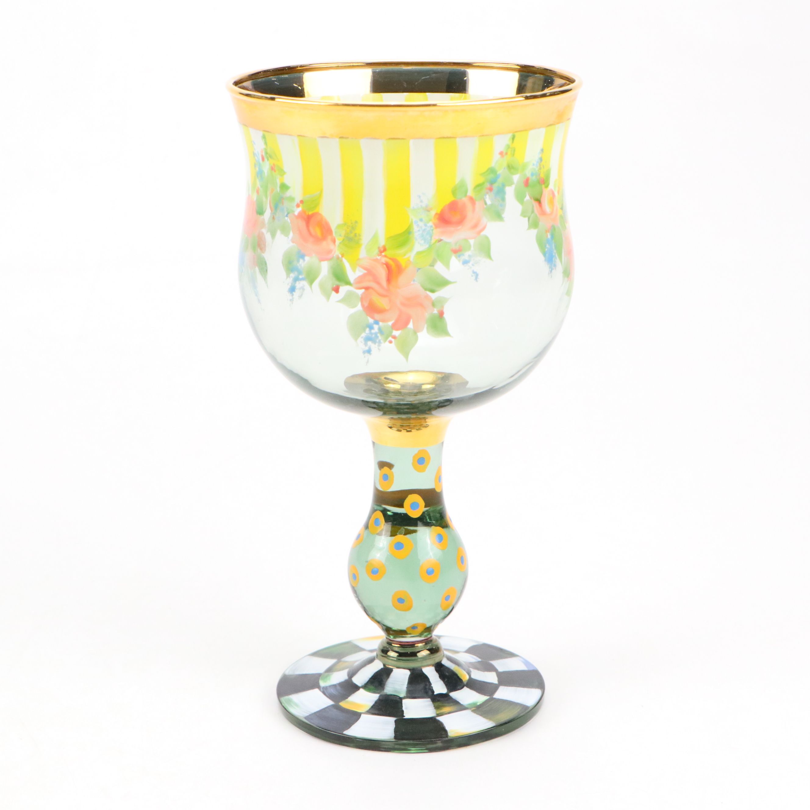 MacKenzie-Childs "Circus" Water Goblets with Glass and Metal Floral Plates