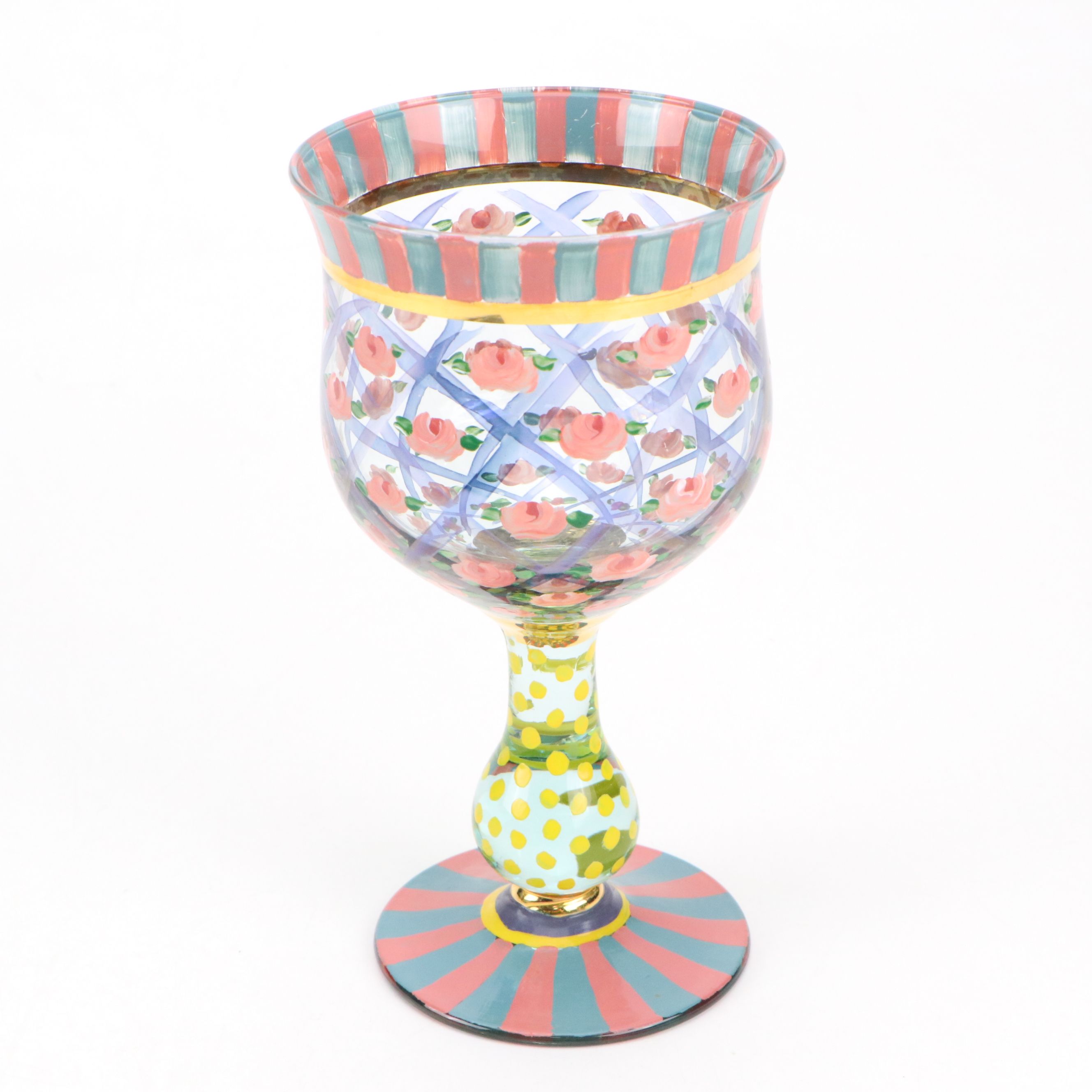 MacKenzie-Childs "Circus" Water Goblets with Glass and Metal Floral Plates