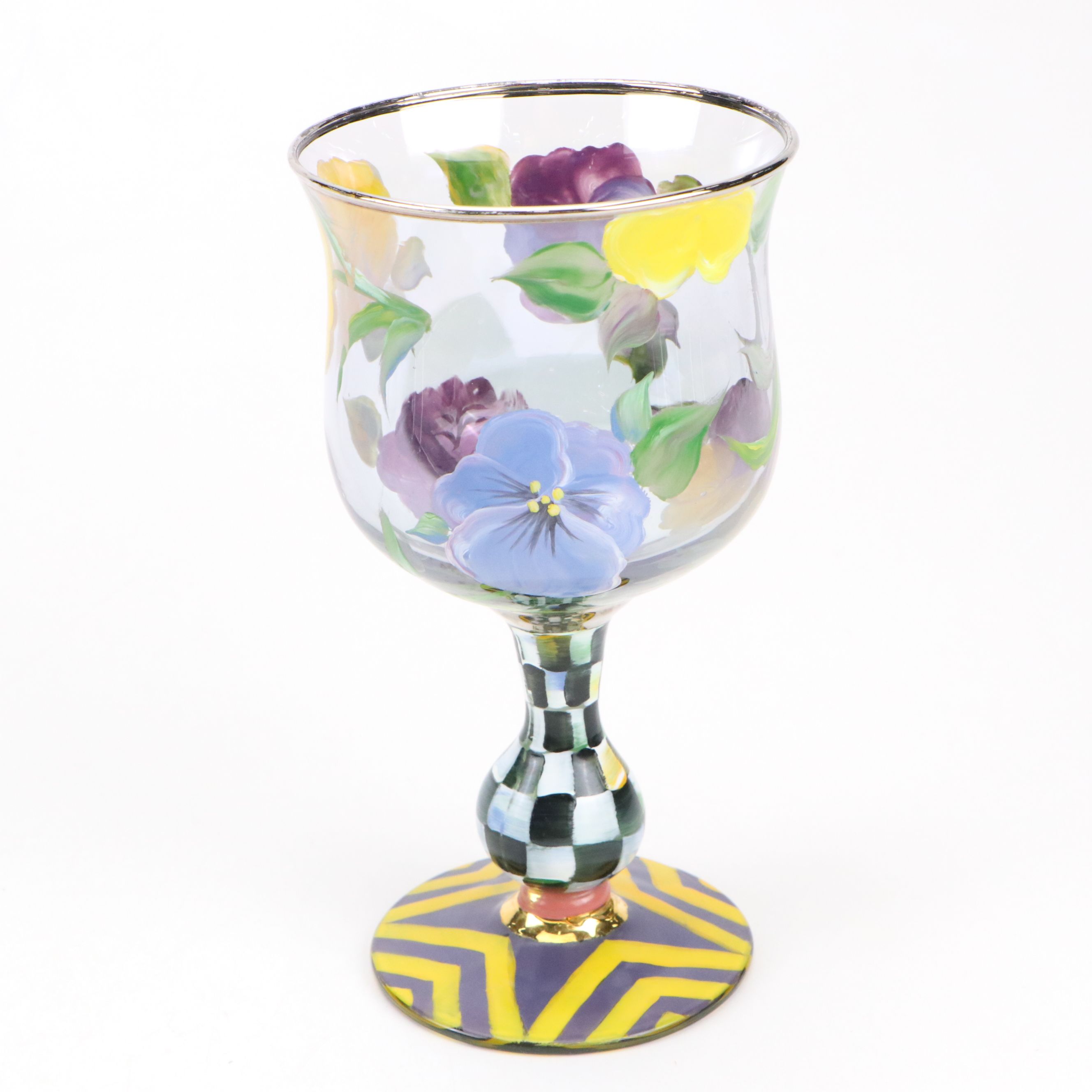 MacKenzie-Childs "Circus" Water Goblets with Glass and Metal Floral Plates