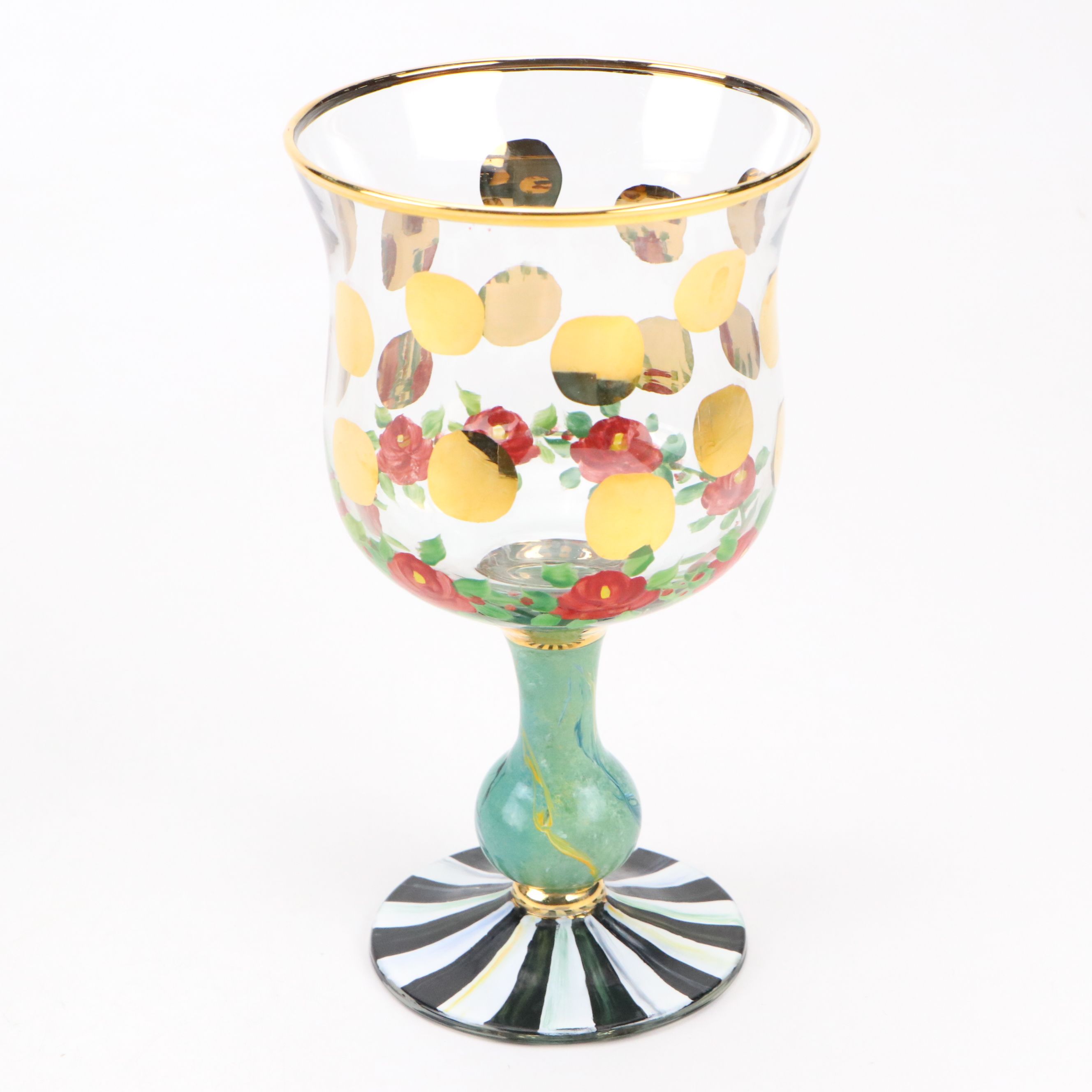 MacKenzie-Childs "Circus" Water Goblets with Glass and Metal Floral Plates