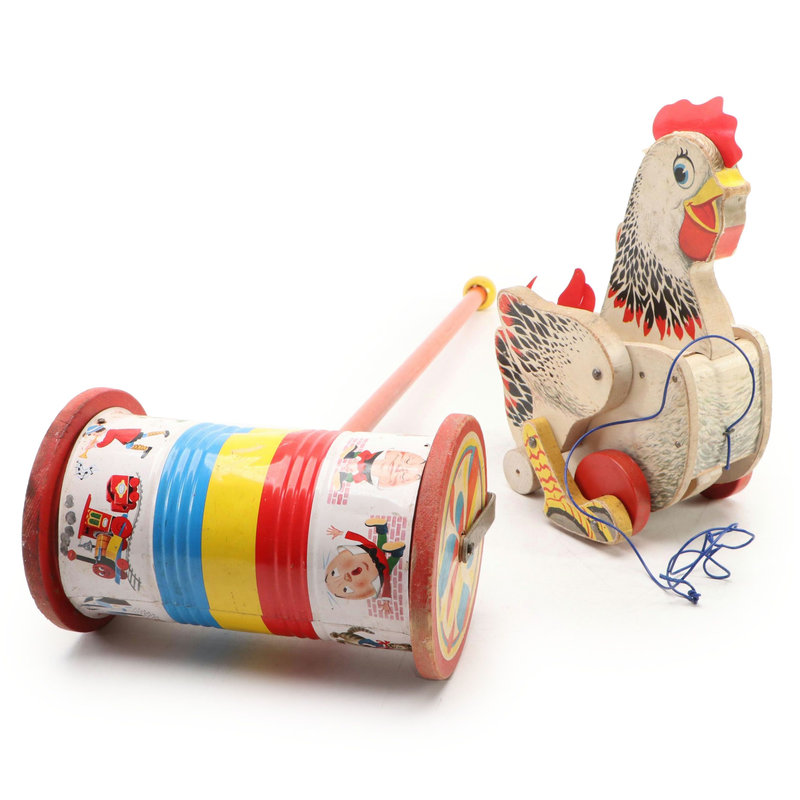 Fisher-Price Musical Push Chime and the Cackling Hen Pull Toys, Mid-20th Century