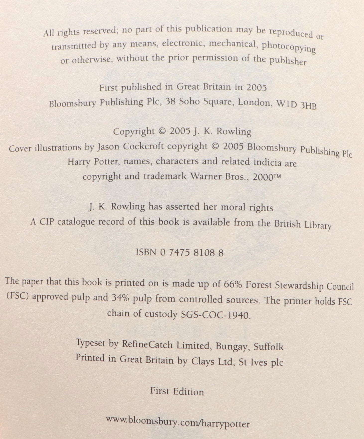 First UK Edition "Harry Potter and the Half-Blood Prince" by J. K. Rowling