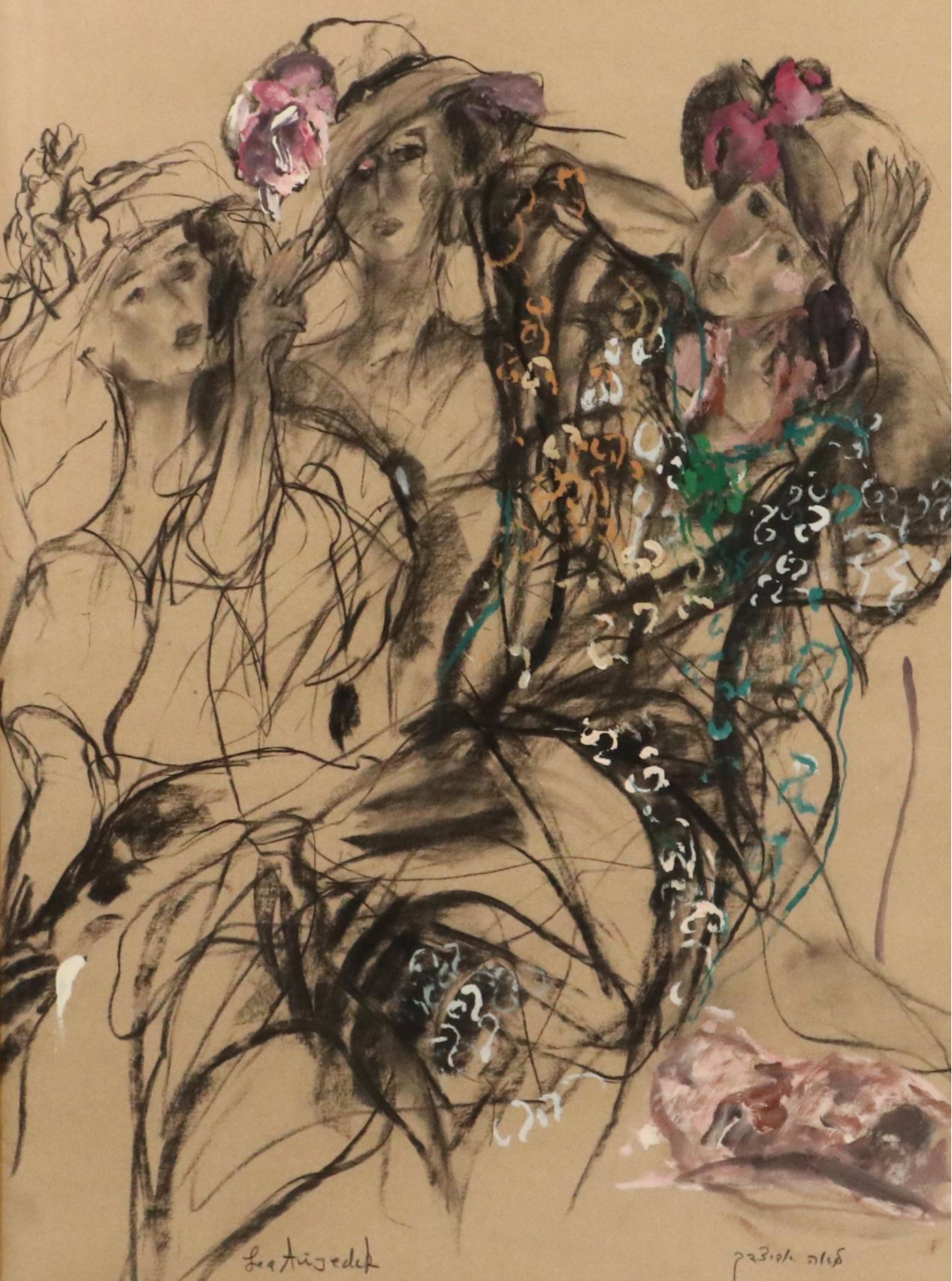 Gestural Figurative Mixed Media Drawing of Women with Sun Hats