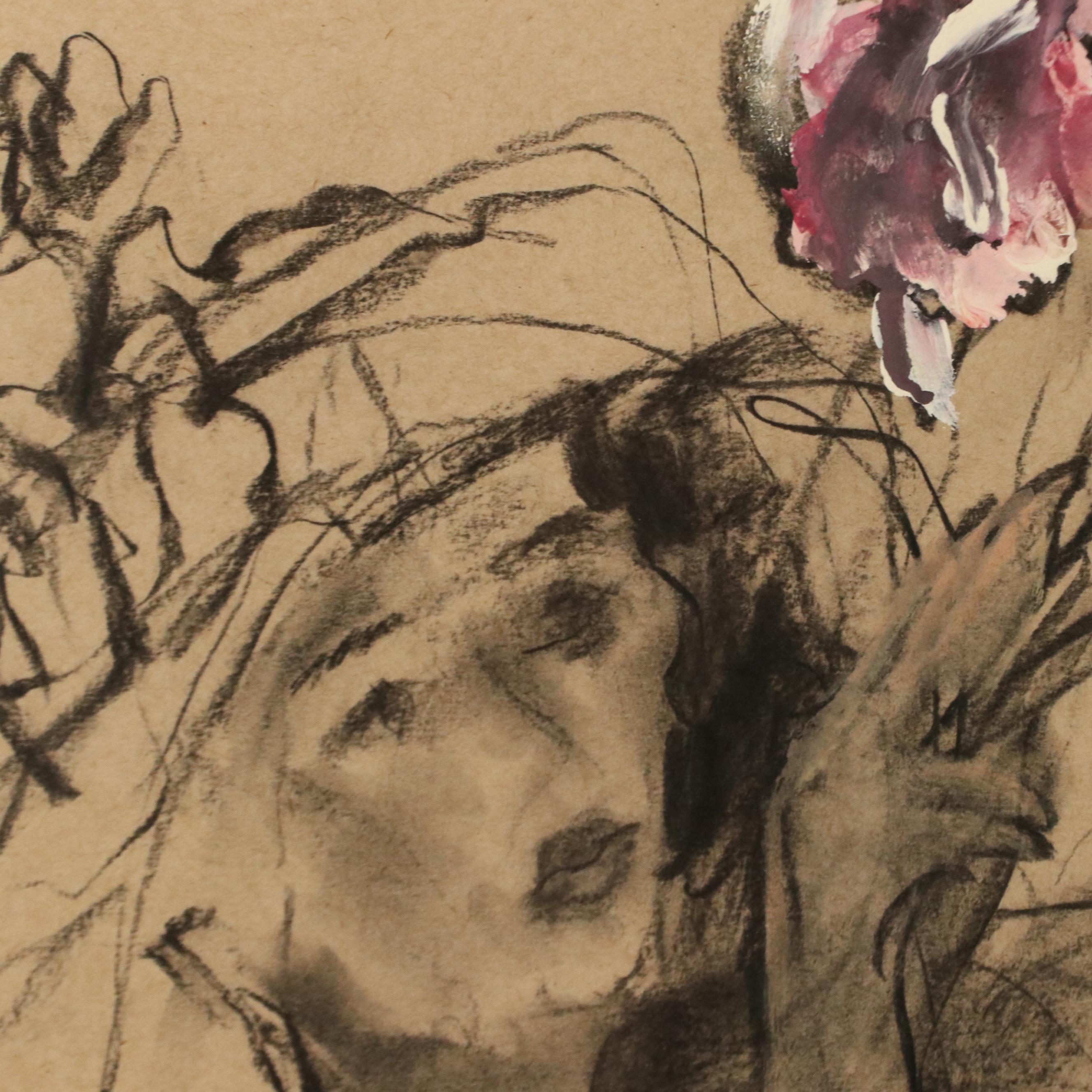 Gestural Figurative Mixed Media Drawing of Women with Sun Hats