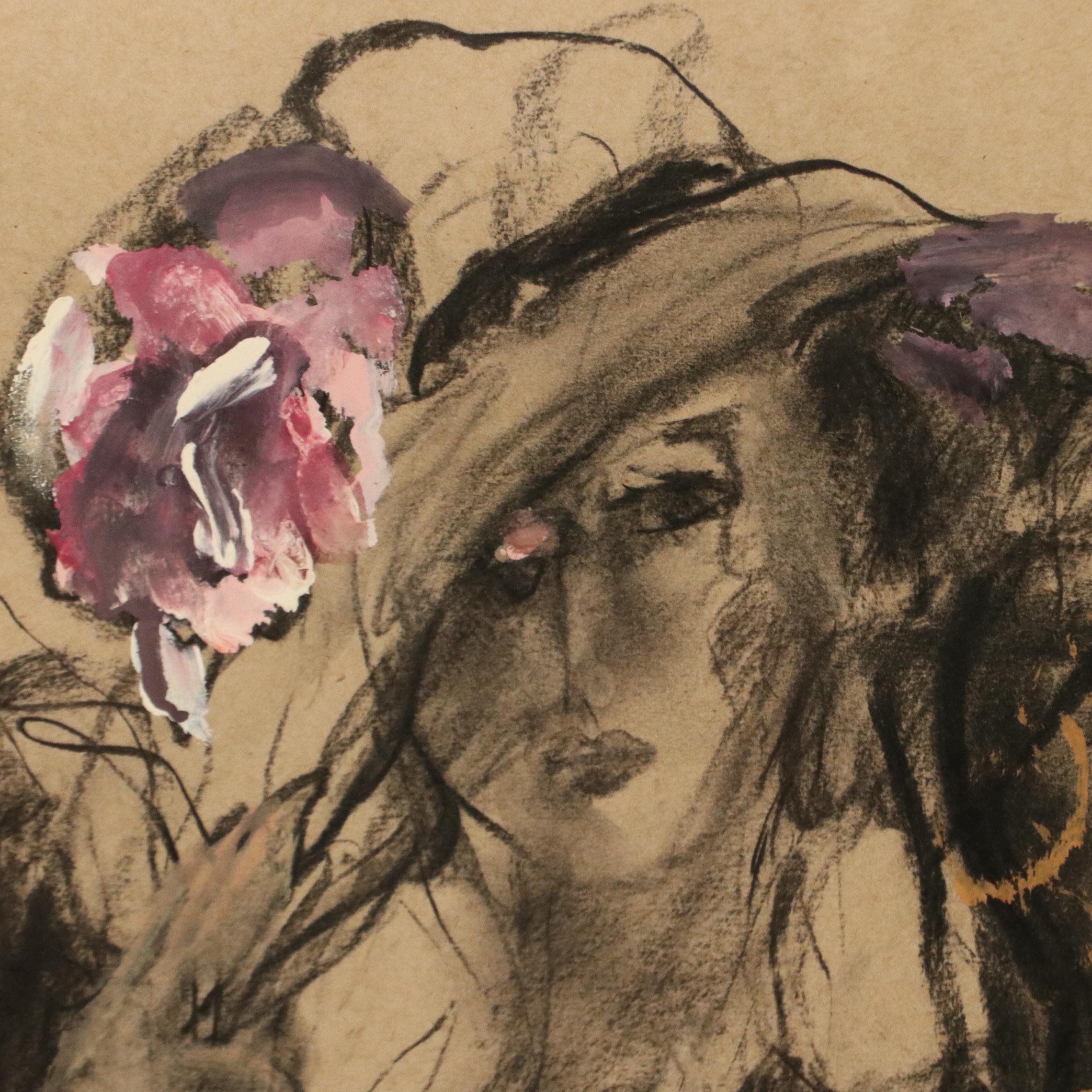 Gestural Figurative Mixed Media Drawing of Women with Sun Hats