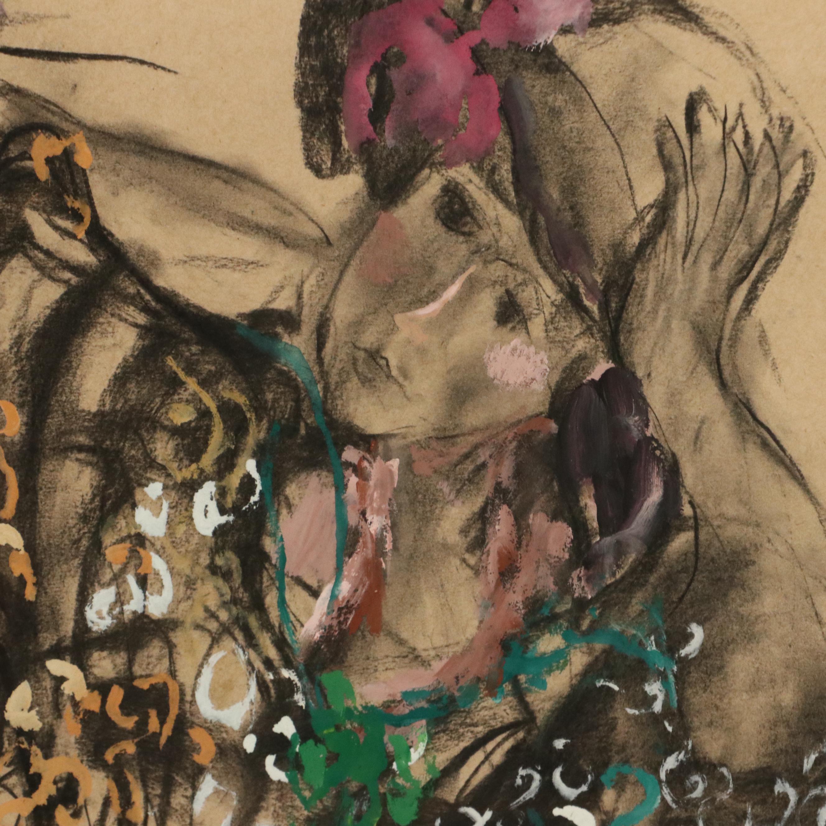 Gestural Figurative Mixed Media Drawing of Women with Sun Hats