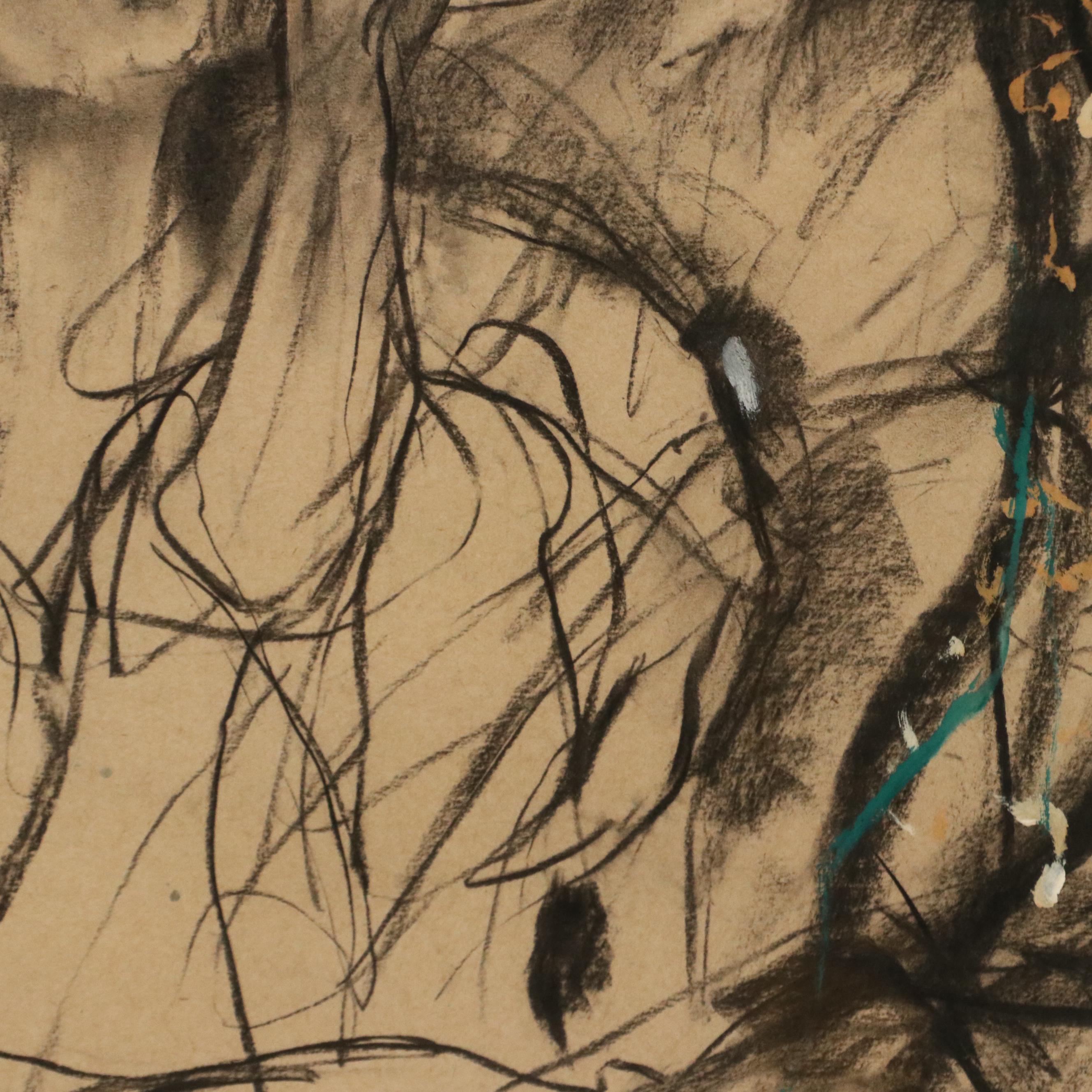 Gestural Figurative Mixed Media Drawing of Women with Sun Hats