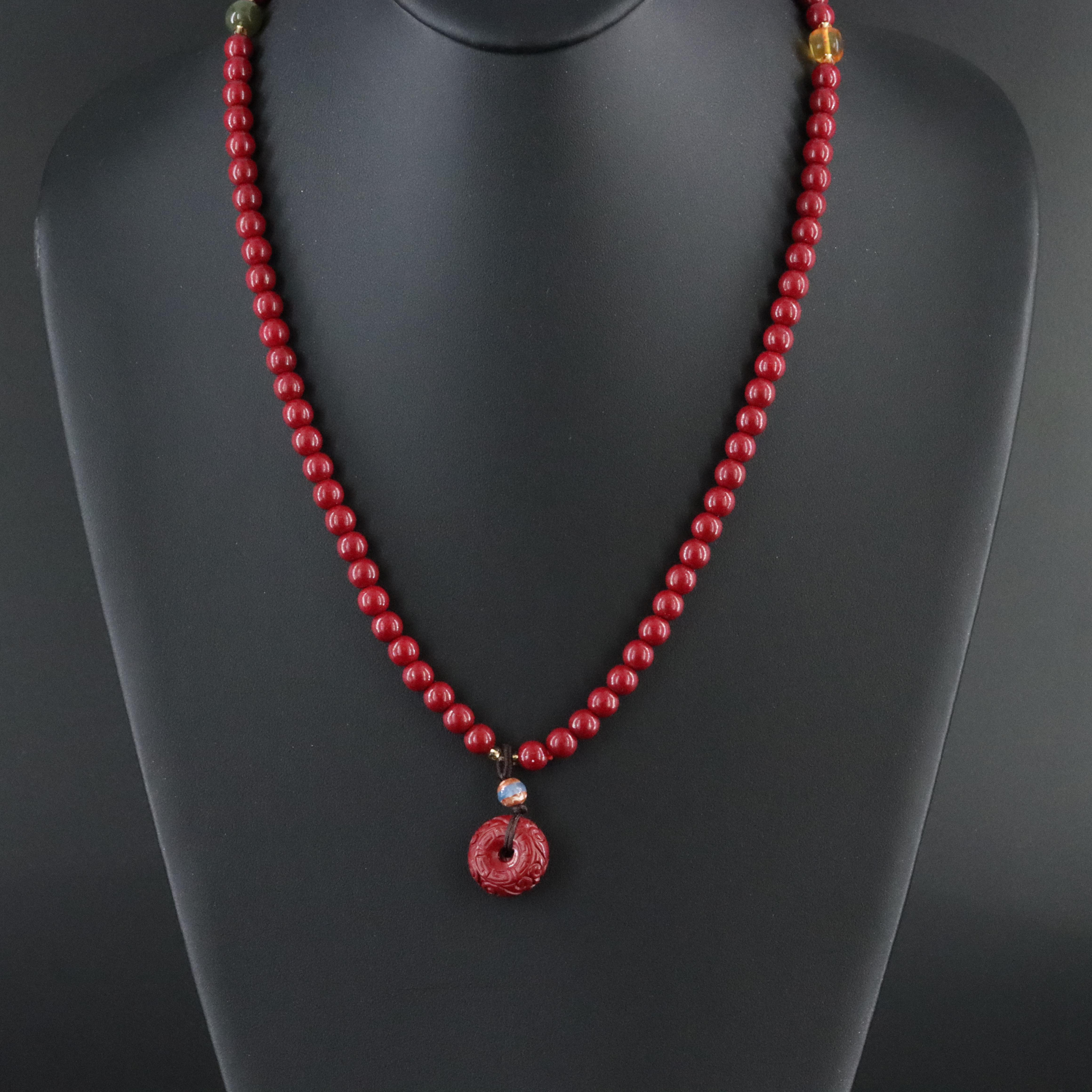 Elastic Beaded Necklace with Carnelian, Amber and Nephrite