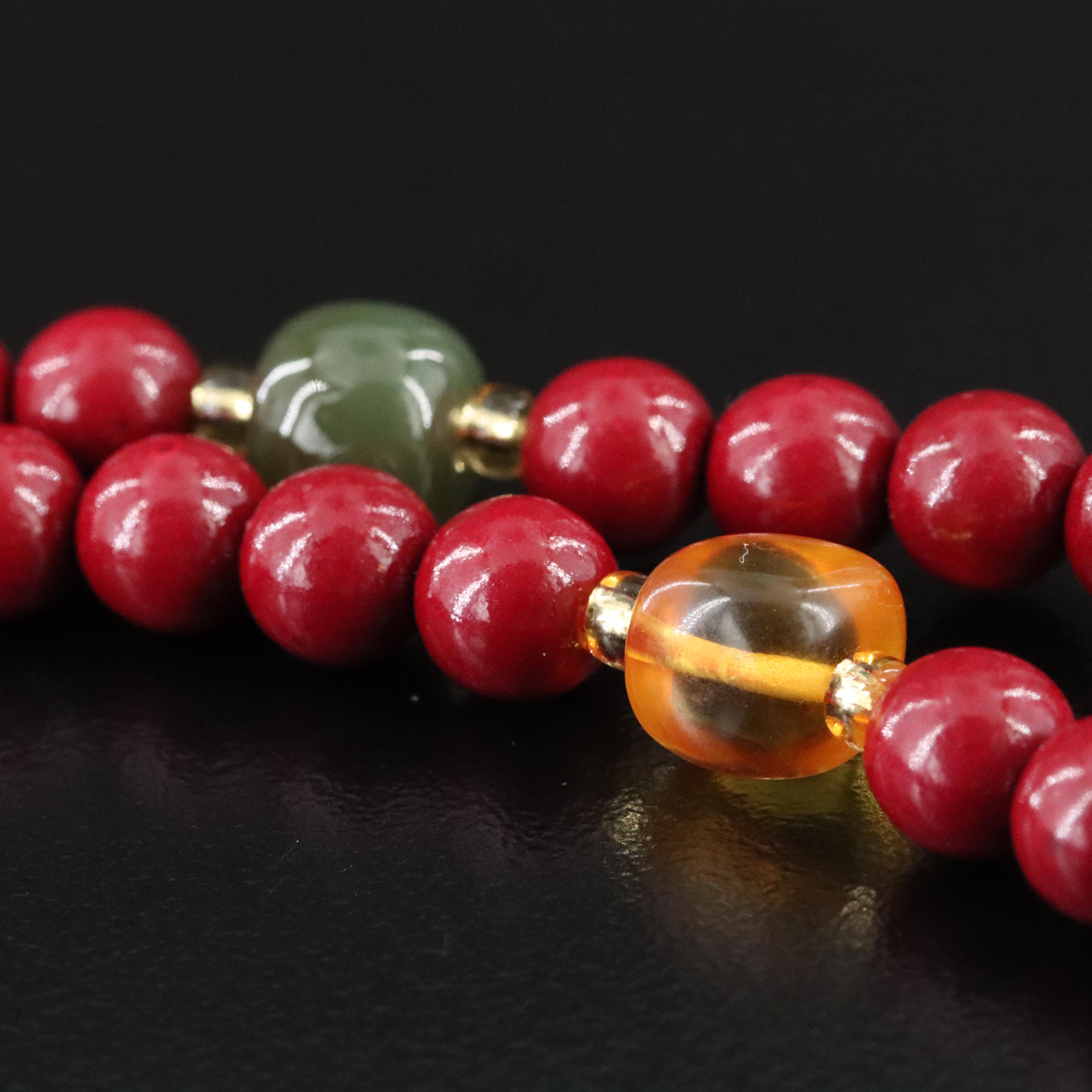 Elastic Beaded Necklace with Carnelian, Amber and Nephrite