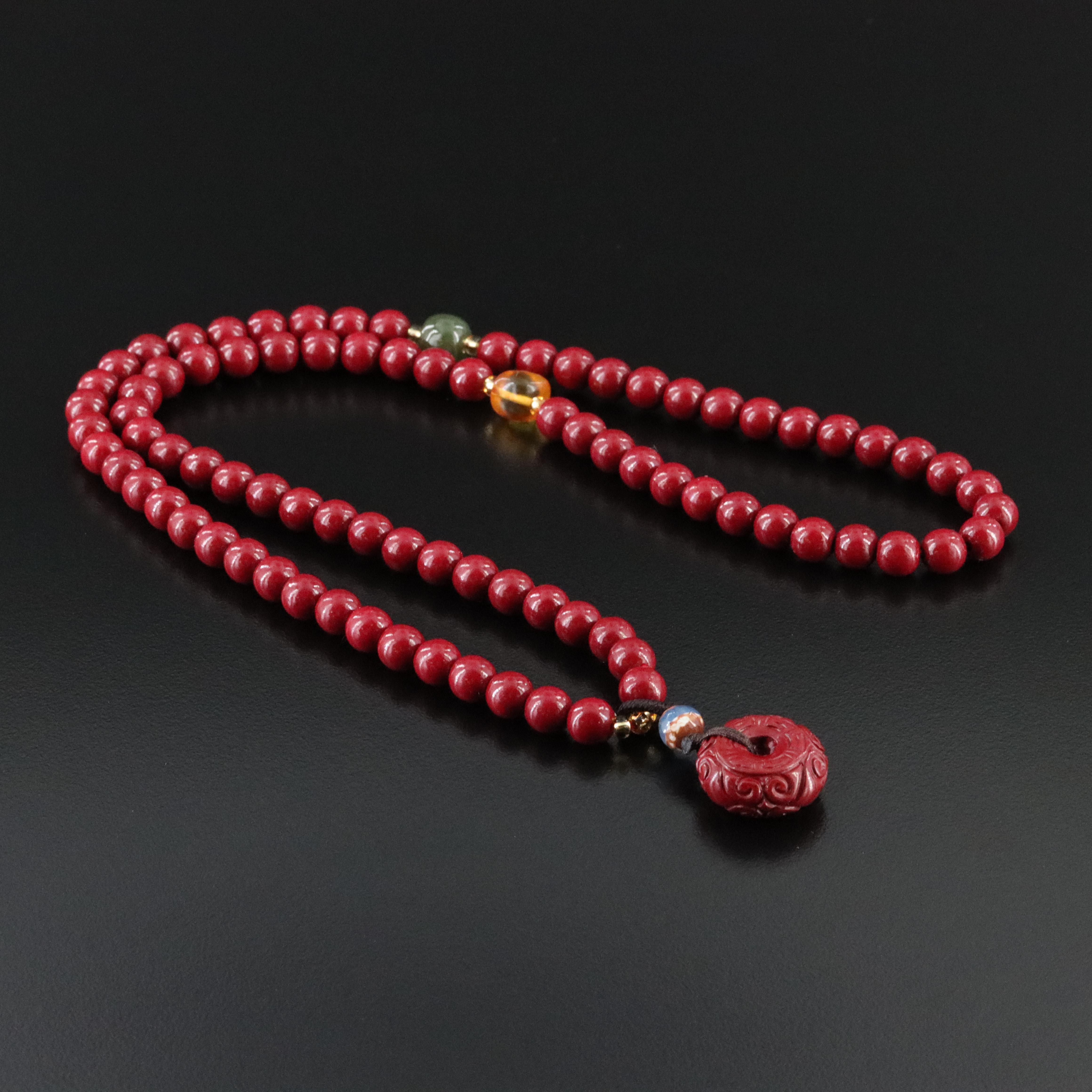 Elastic Beaded Necklace with Carnelian, Amber and Nephrite
