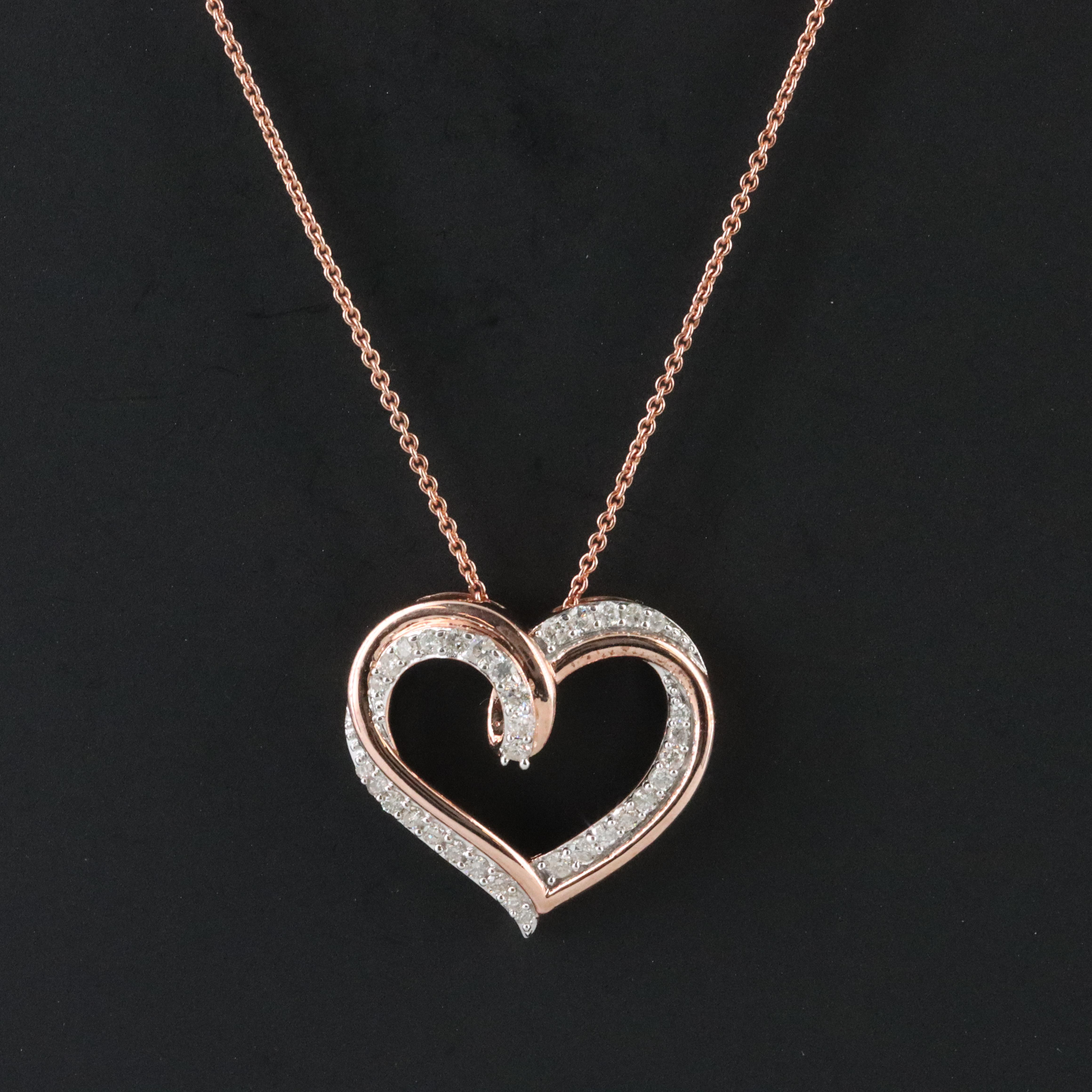 Sterling Diamond Heart Pendant Necklace with Rose -Tone Finish