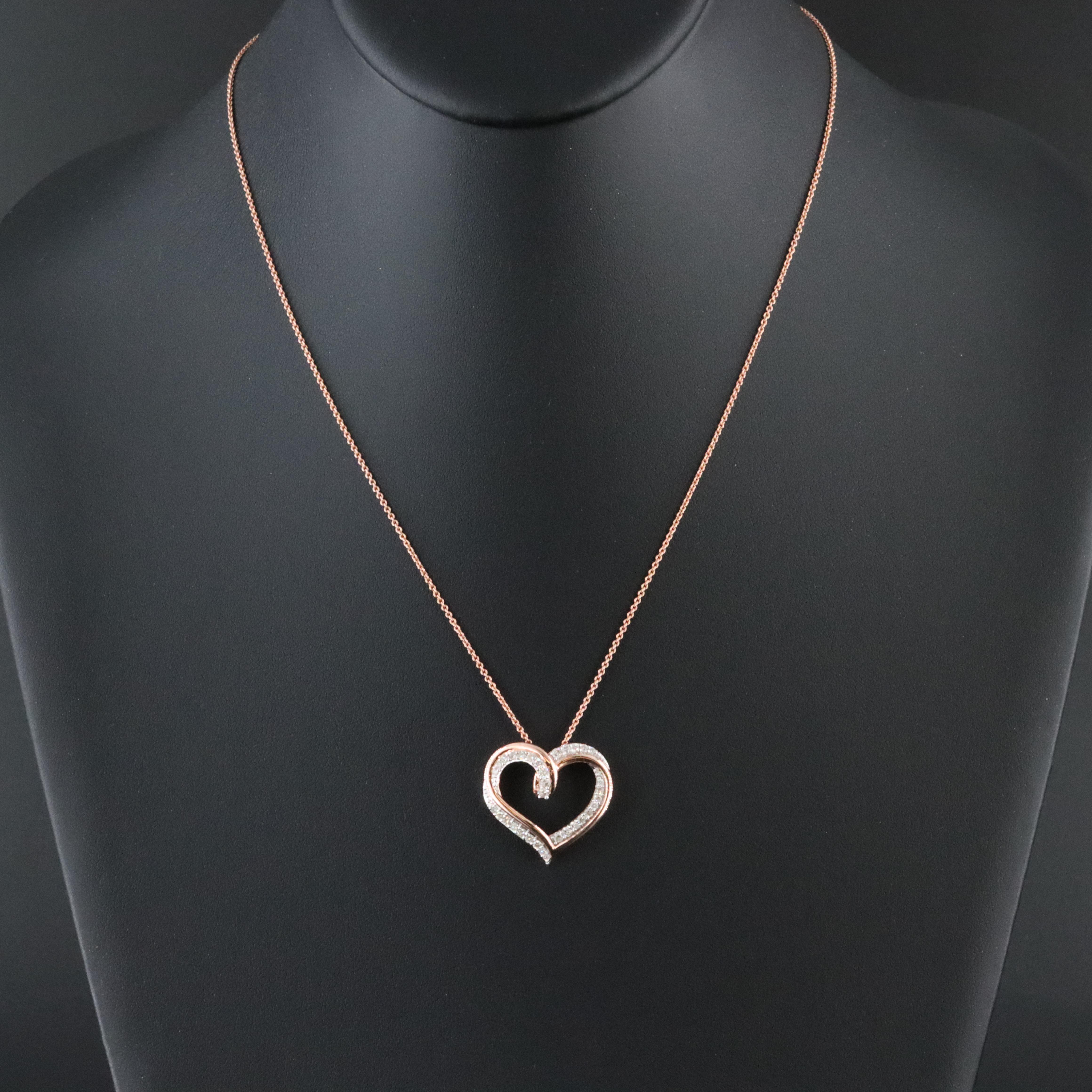 Sterling Diamond Heart Pendant Necklace with Rose -Tone Finish