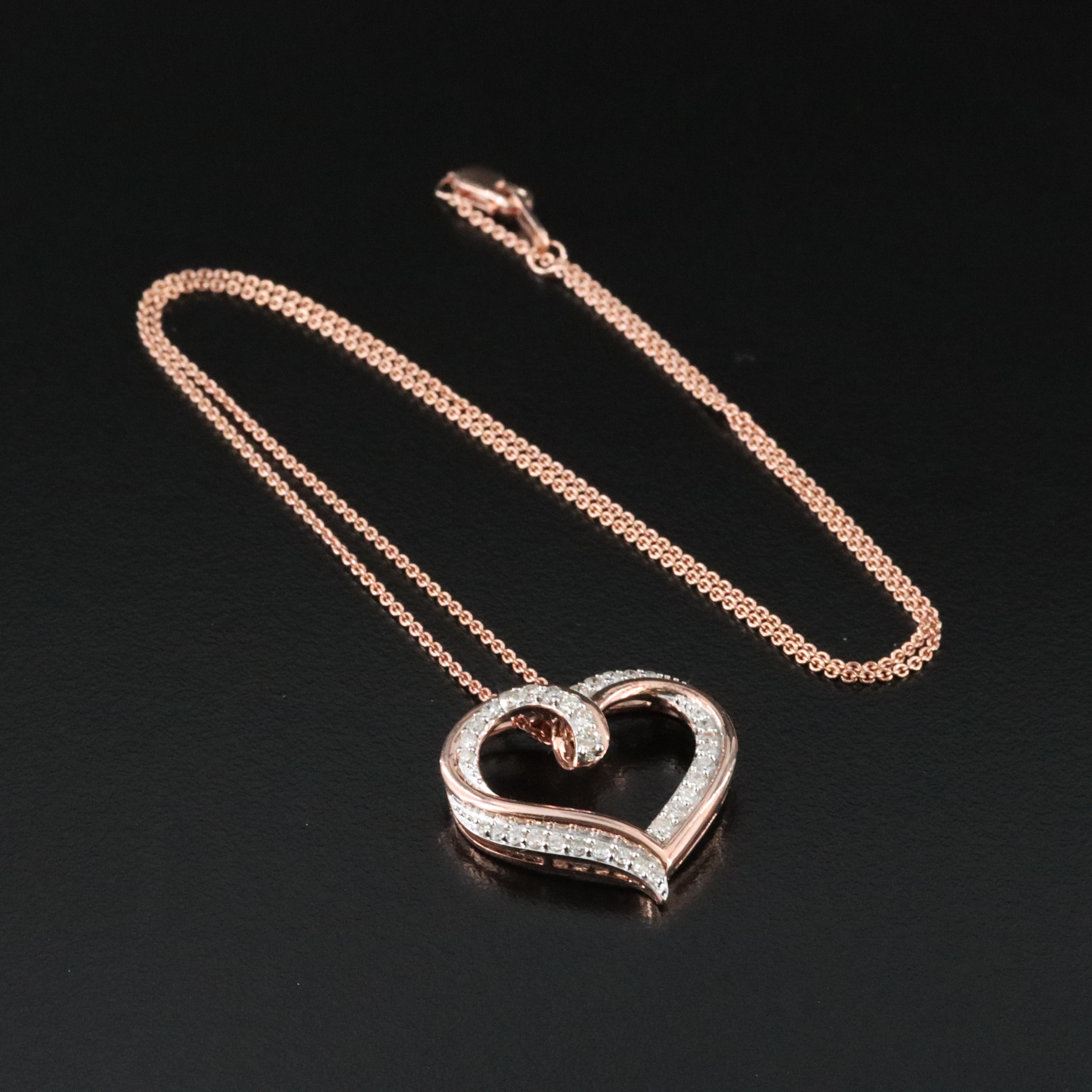 Sterling Diamond Heart Pendant Necklace with Rose -Tone Finish