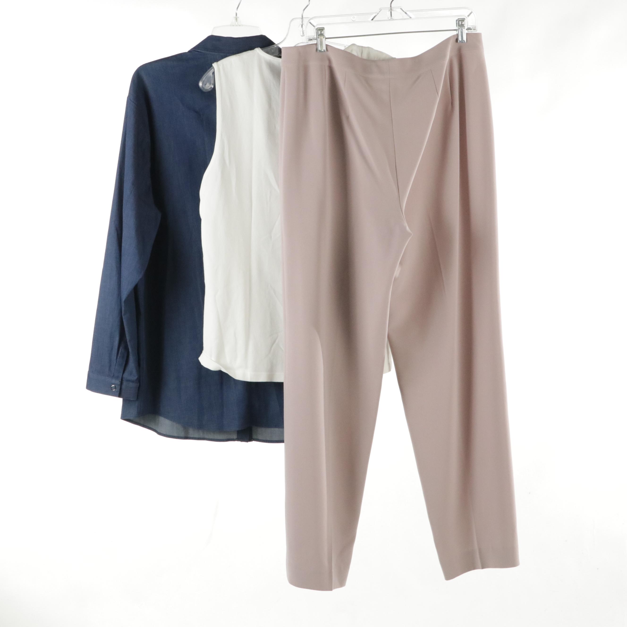 St. John Pale Pink Trousers, Lafayette 148 Denim Shirt, Other White Knit Tank
