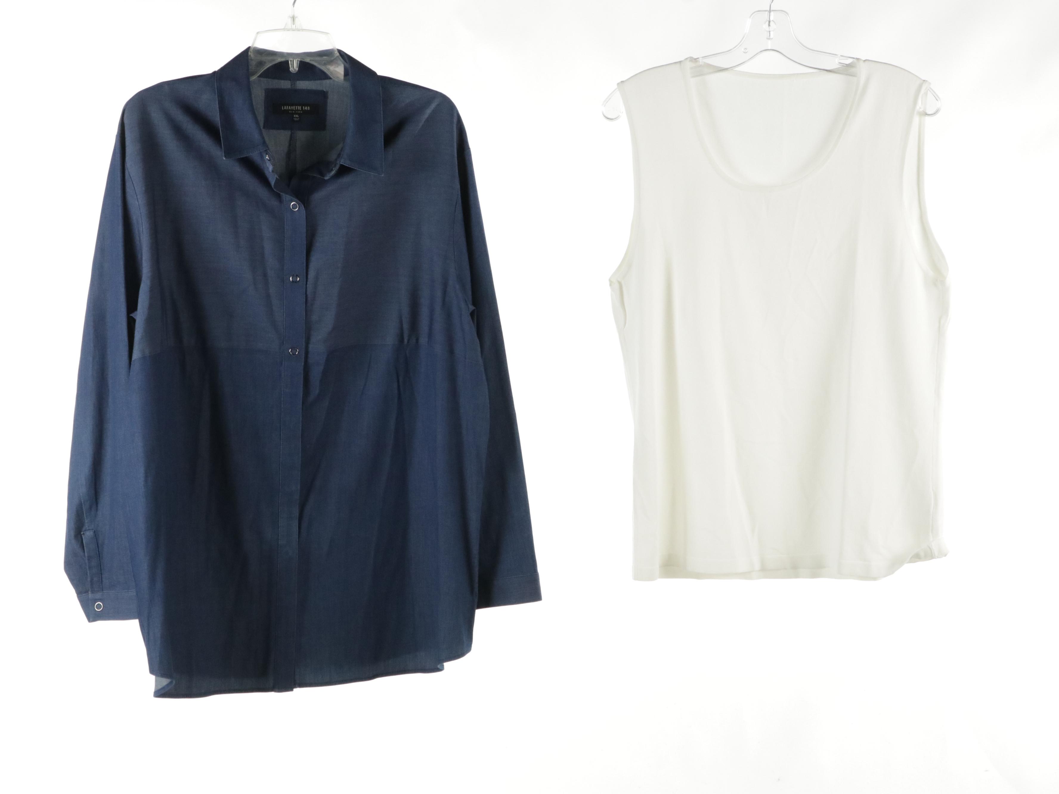 St. John Pale Pink Trousers, Lafayette 148 Denim Shirt, Other White Knit Tank