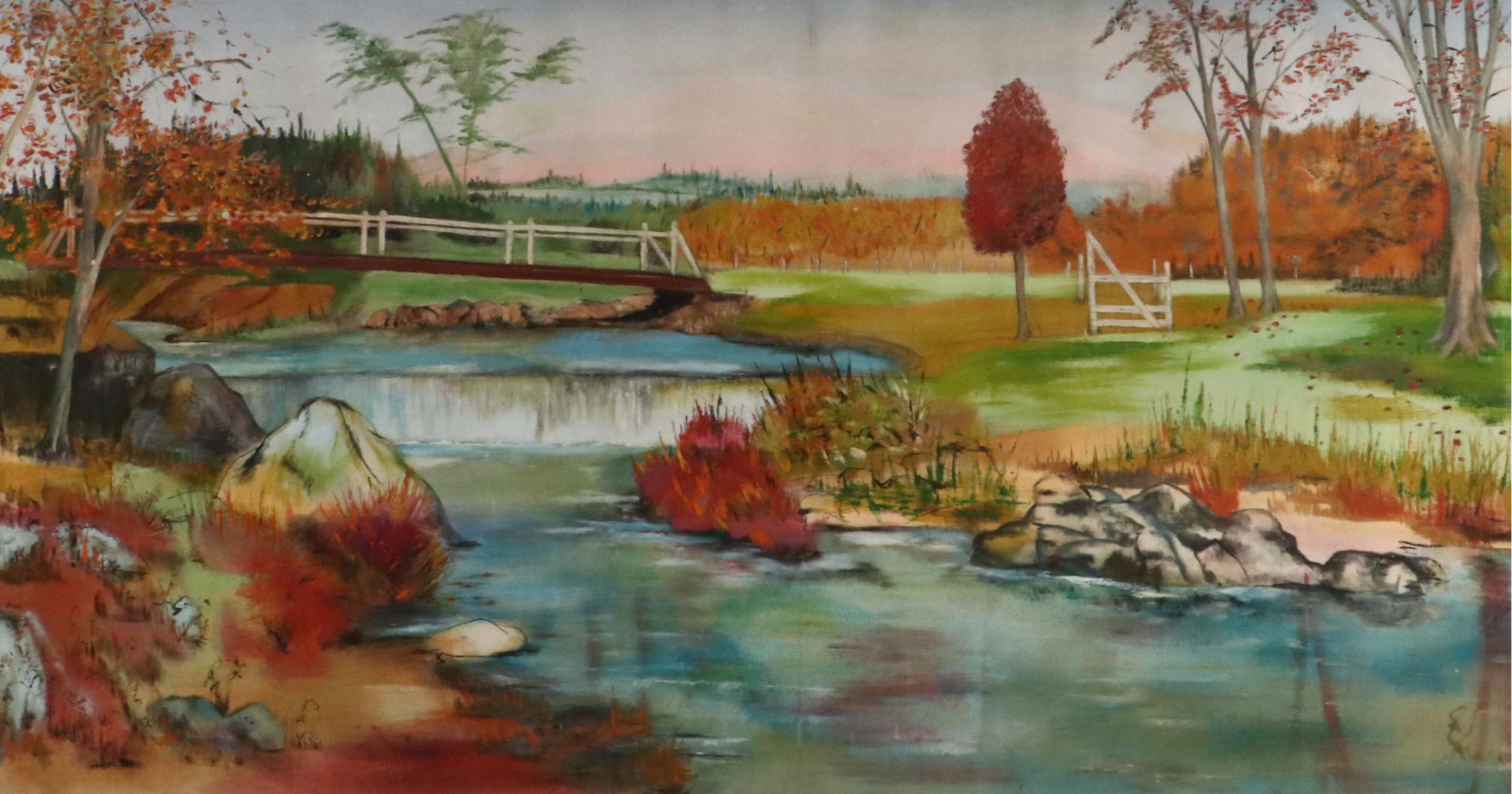 Large-Scale River Landscape Oil Painting of Bridge, Late 20th Century