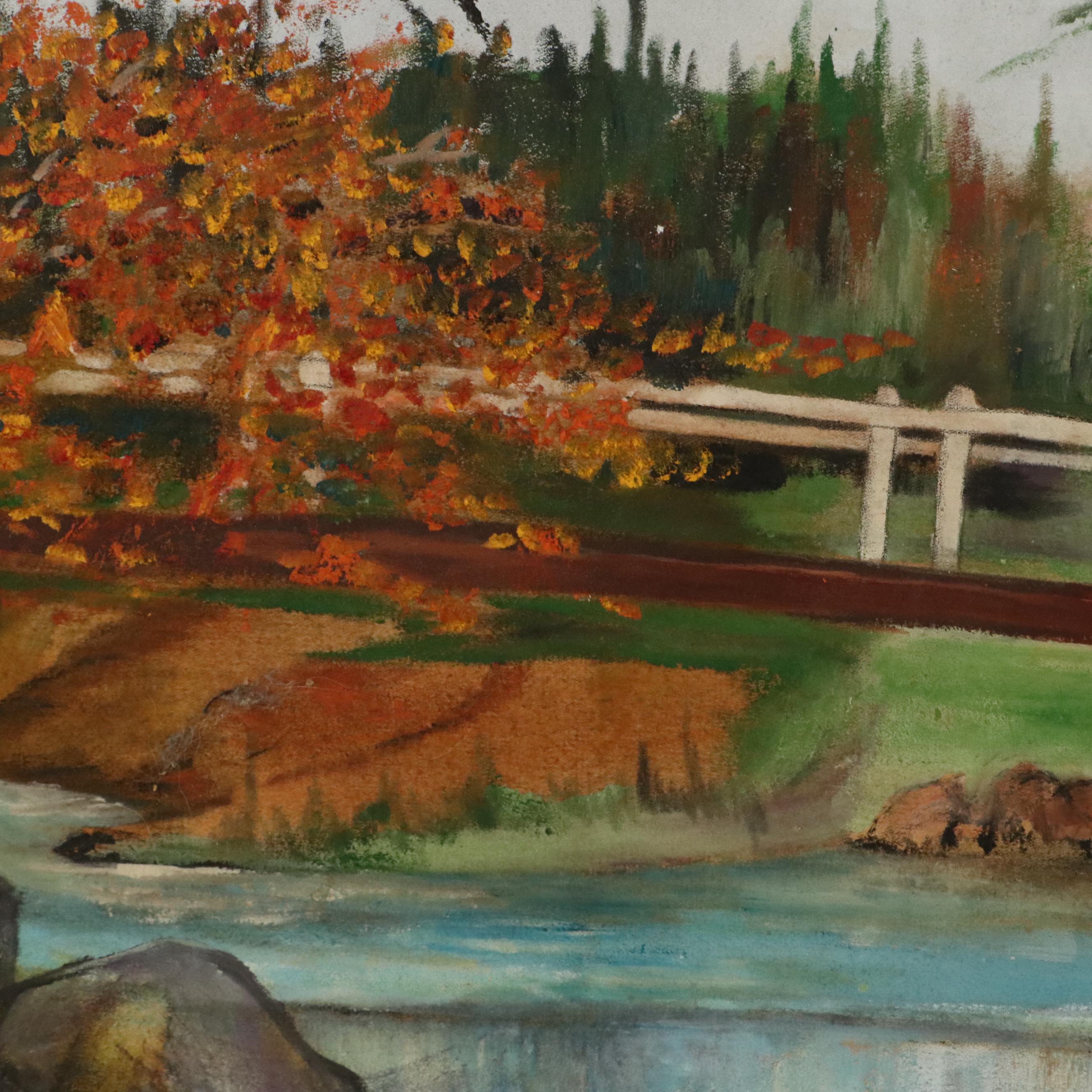 Large-Scale River Landscape Oil Painting of Bridge, Late 20th Century