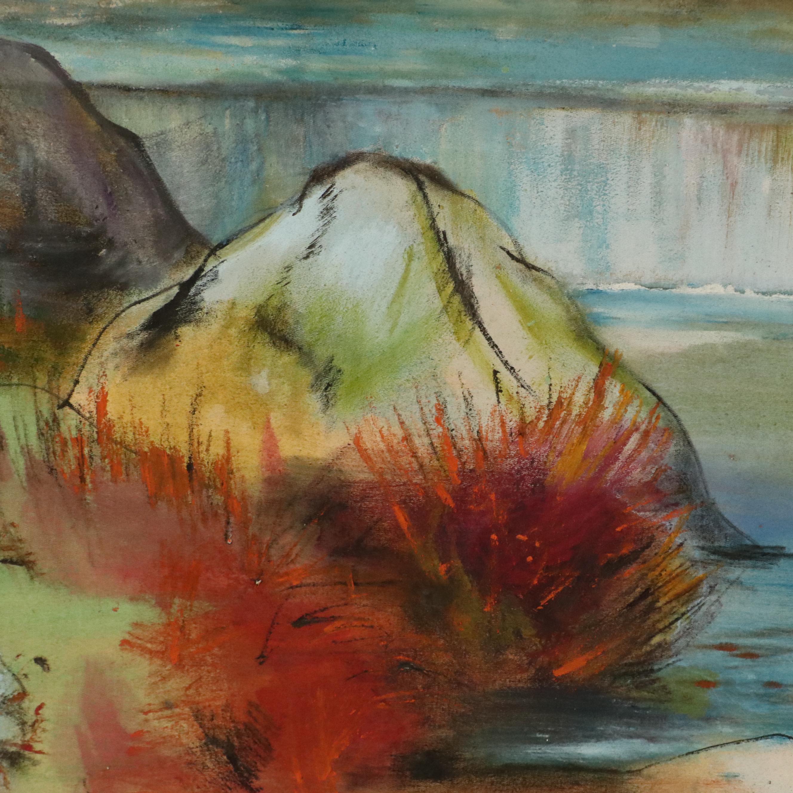 Large-Scale River Landscape Oil Painting of Bridge, Late 20th Century