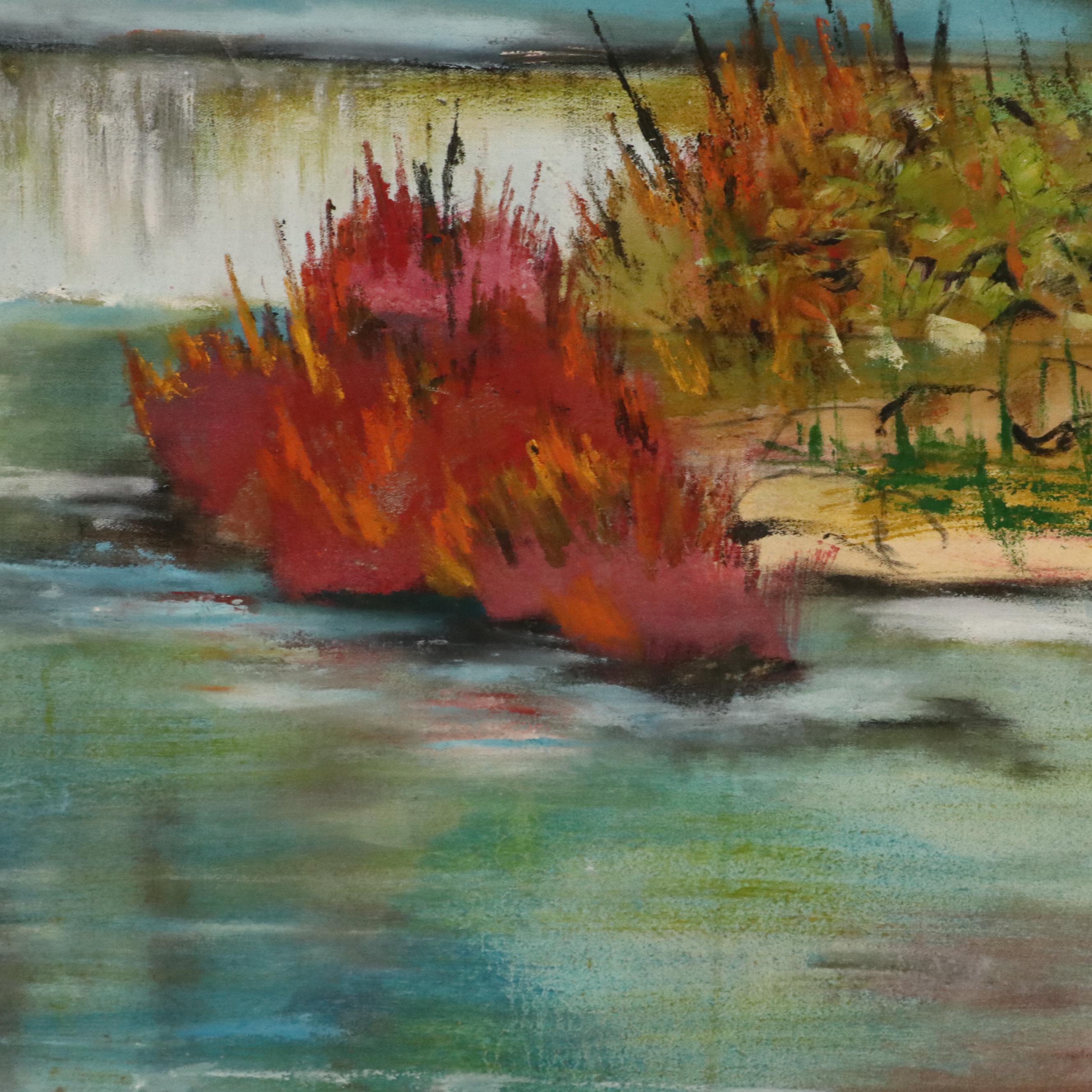 Large-Scale River Landscape Oil Painting of Bridge, Late 20th Century