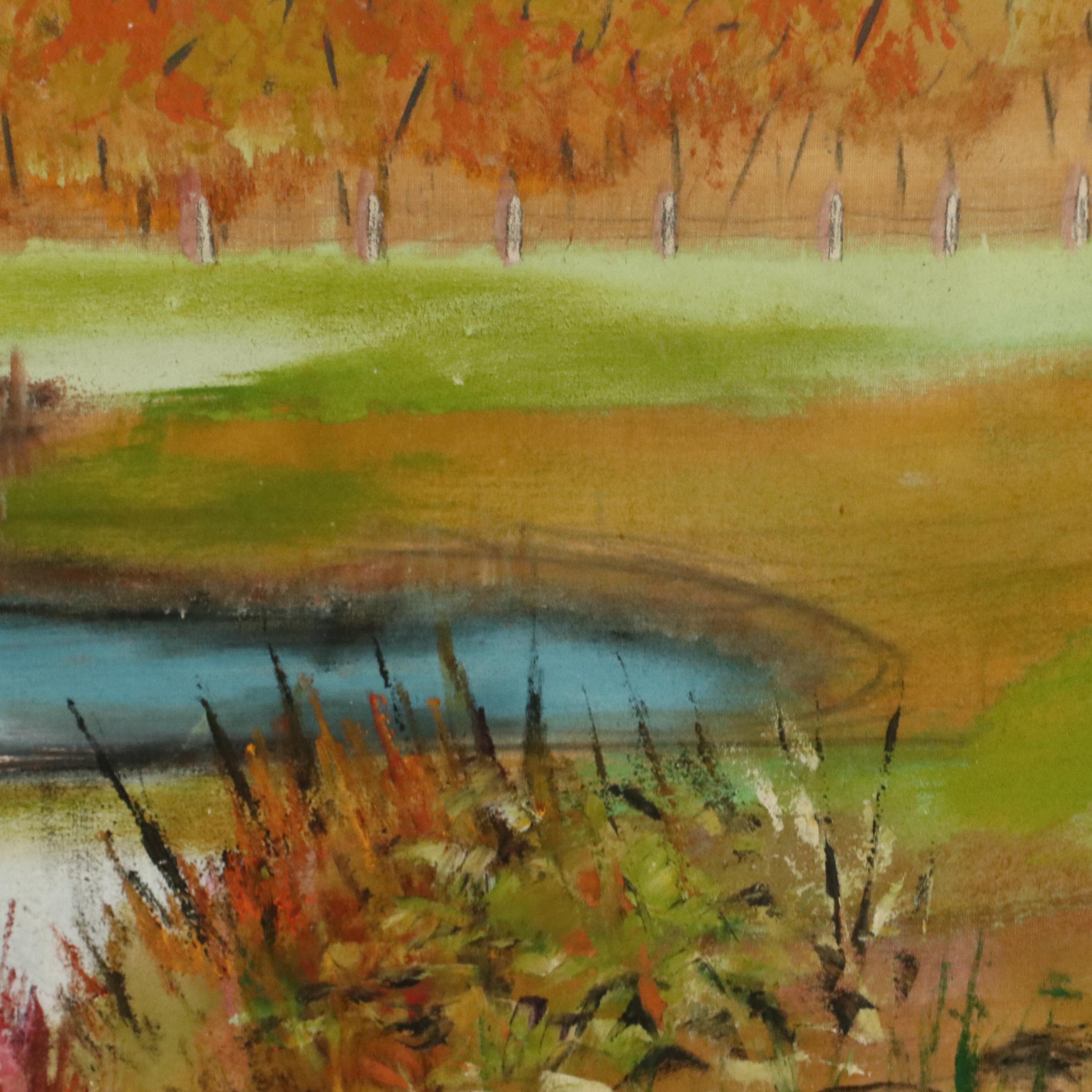 Large-Scale River Landscape Oil Painting of Bridge, Late 20th Century