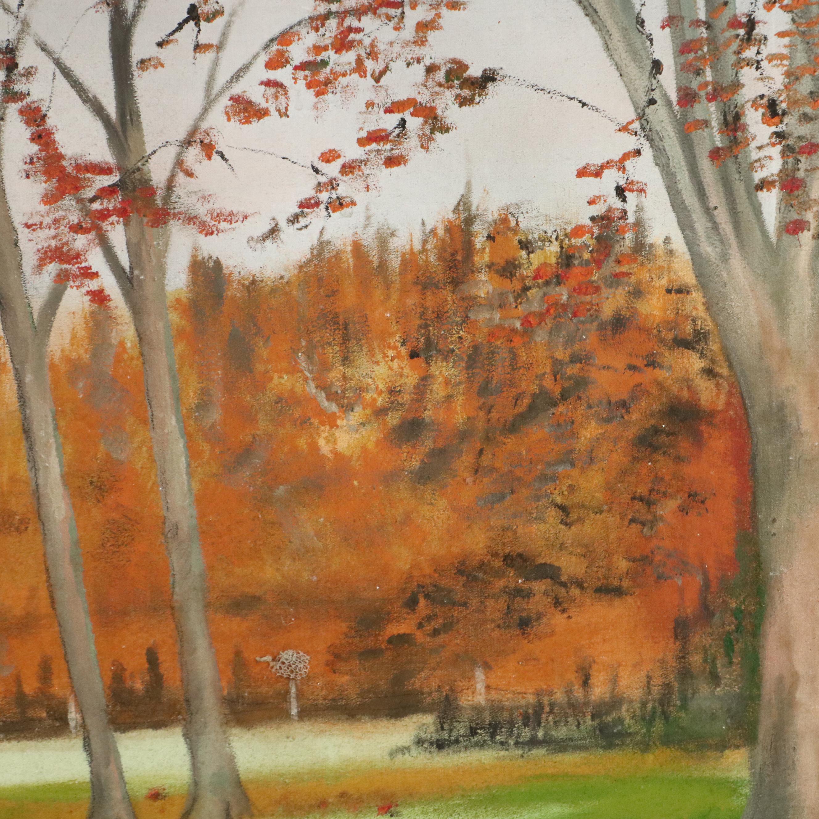 Large-Scale River Landscape Oil Painting of Bridge, Late 20th Century