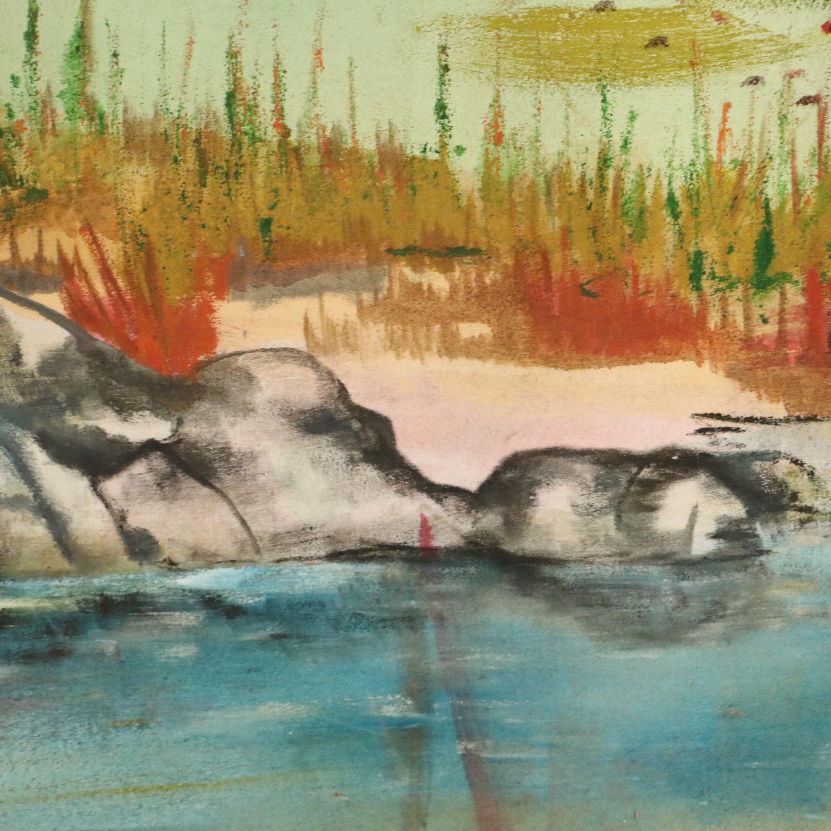 Large-Scale River Landscape Oil Painting of Bridge, Late 20th Century