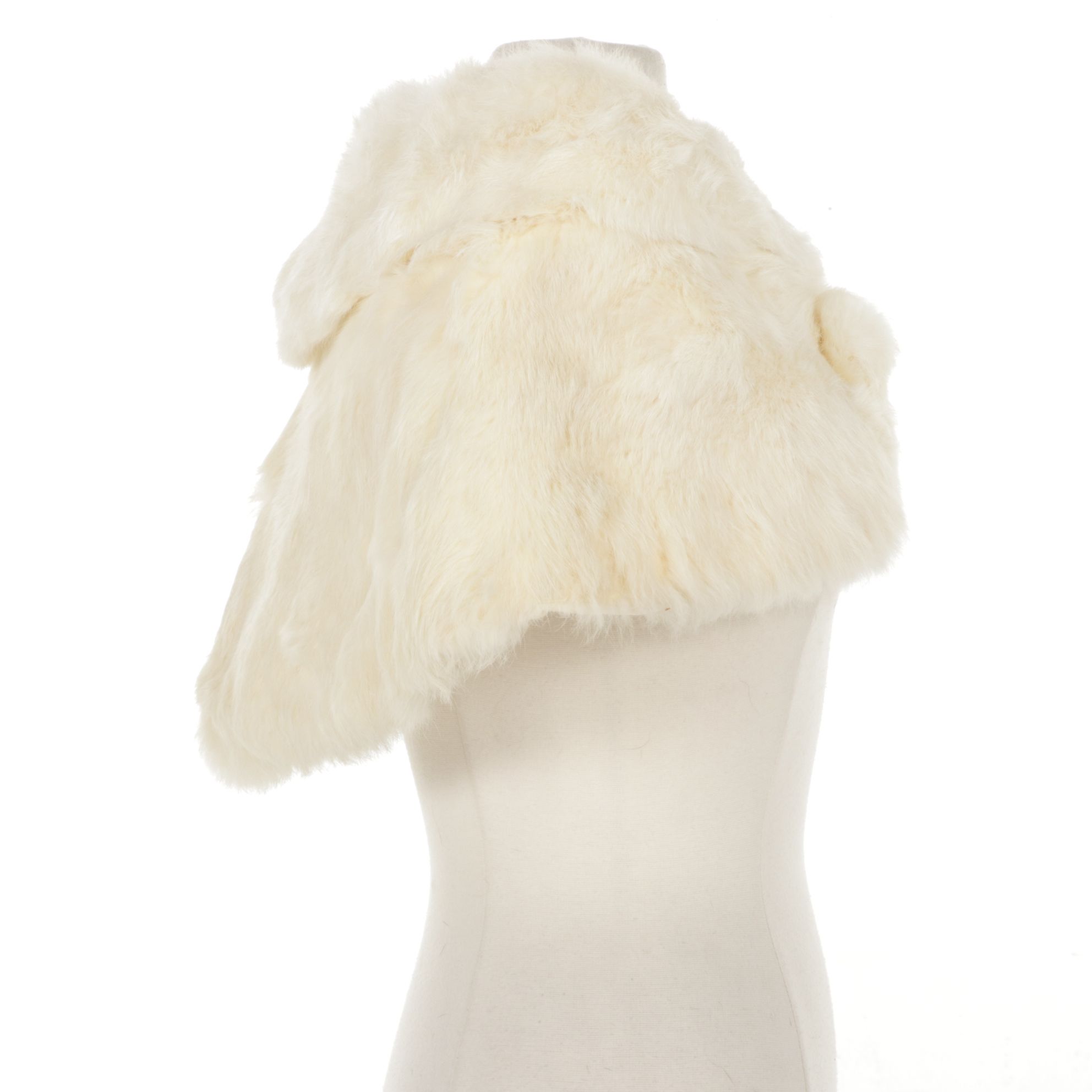 White Rabbit Fur Wrap Stole with Pom-Pom Buttons