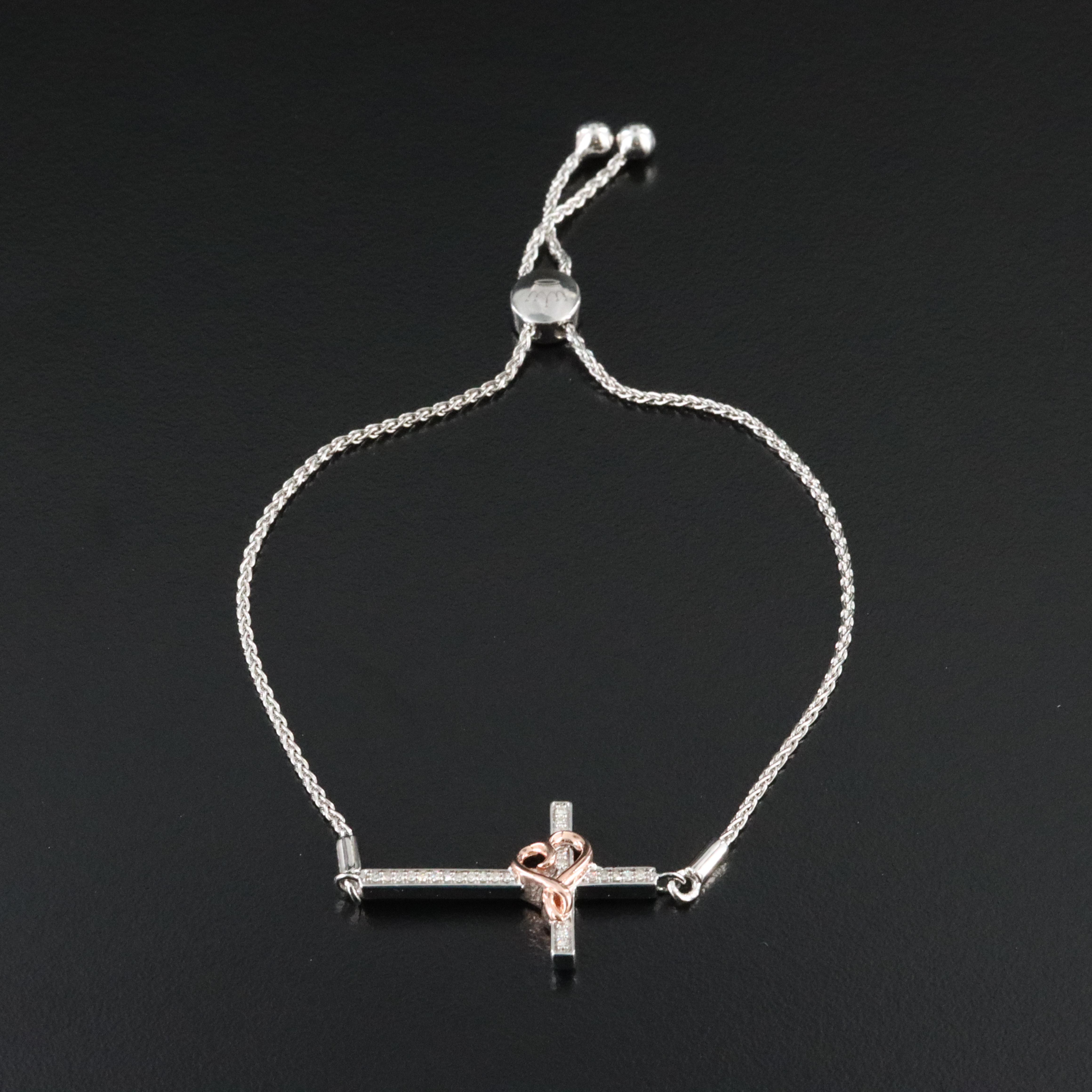 Sterling Diamond Cross Bolo Bracelet with Heart Accent