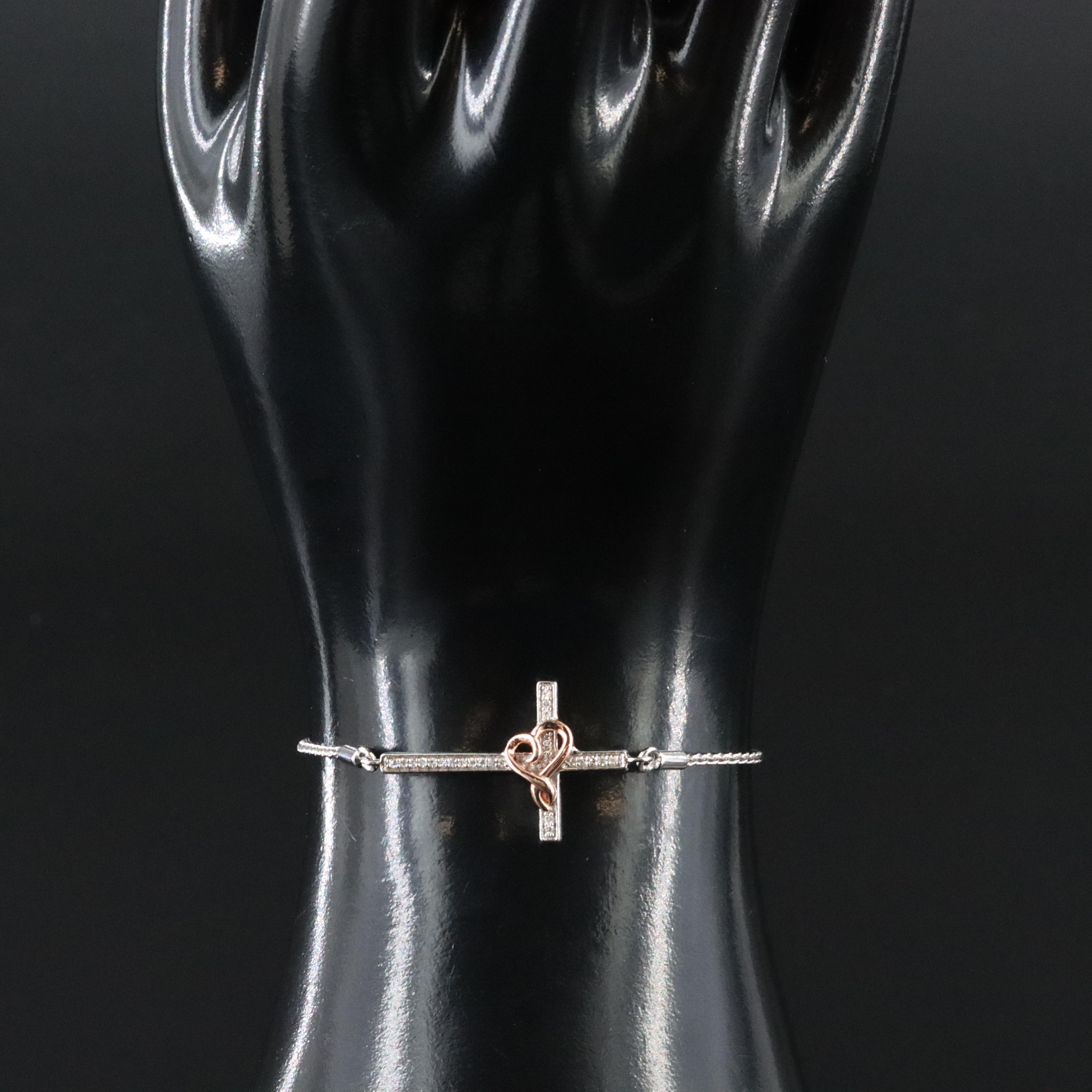 Sterling Diamond Cross Bolo Bracelet with Heart Accent