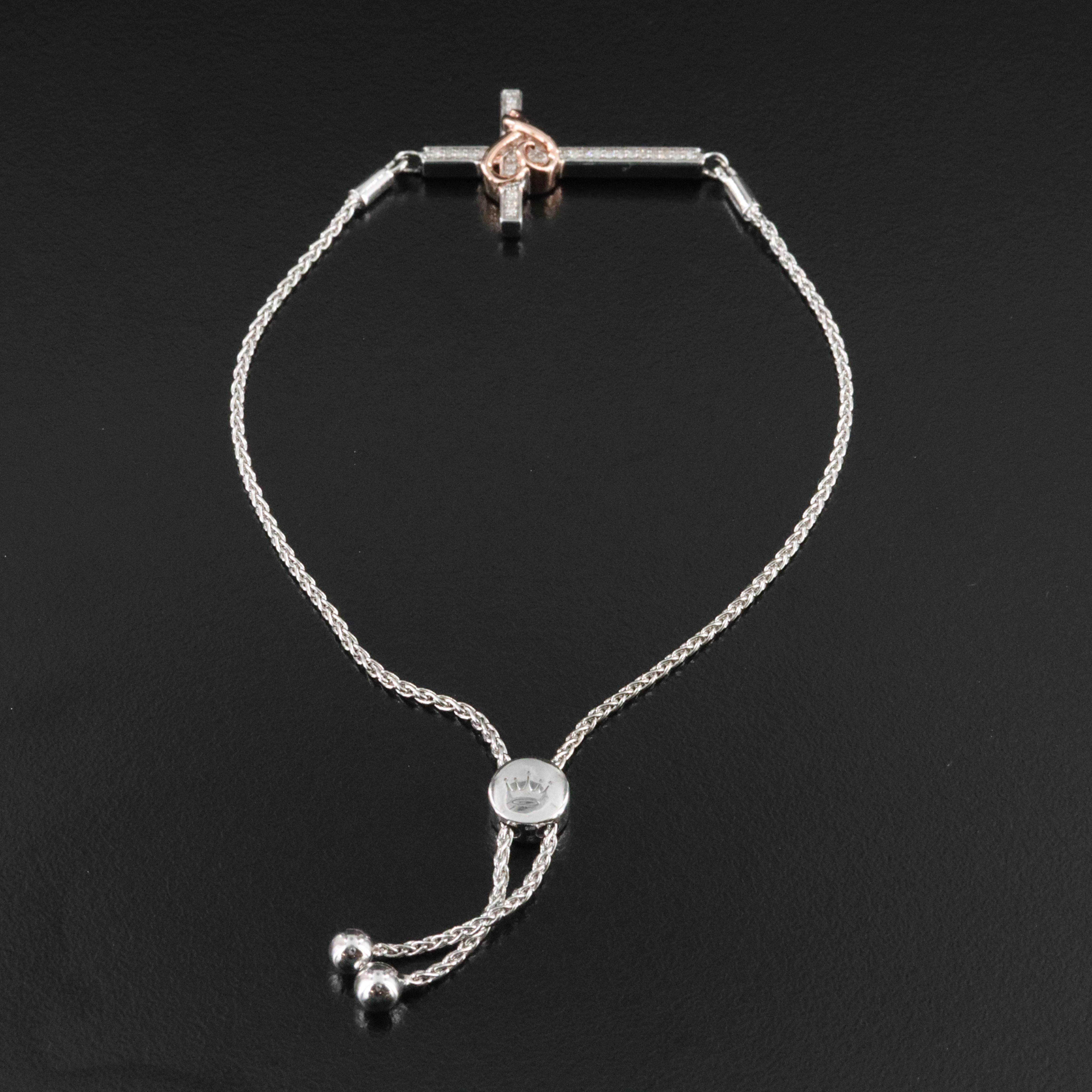 Sterling Diamond Cross Bolo Bracelet with Heart Accent