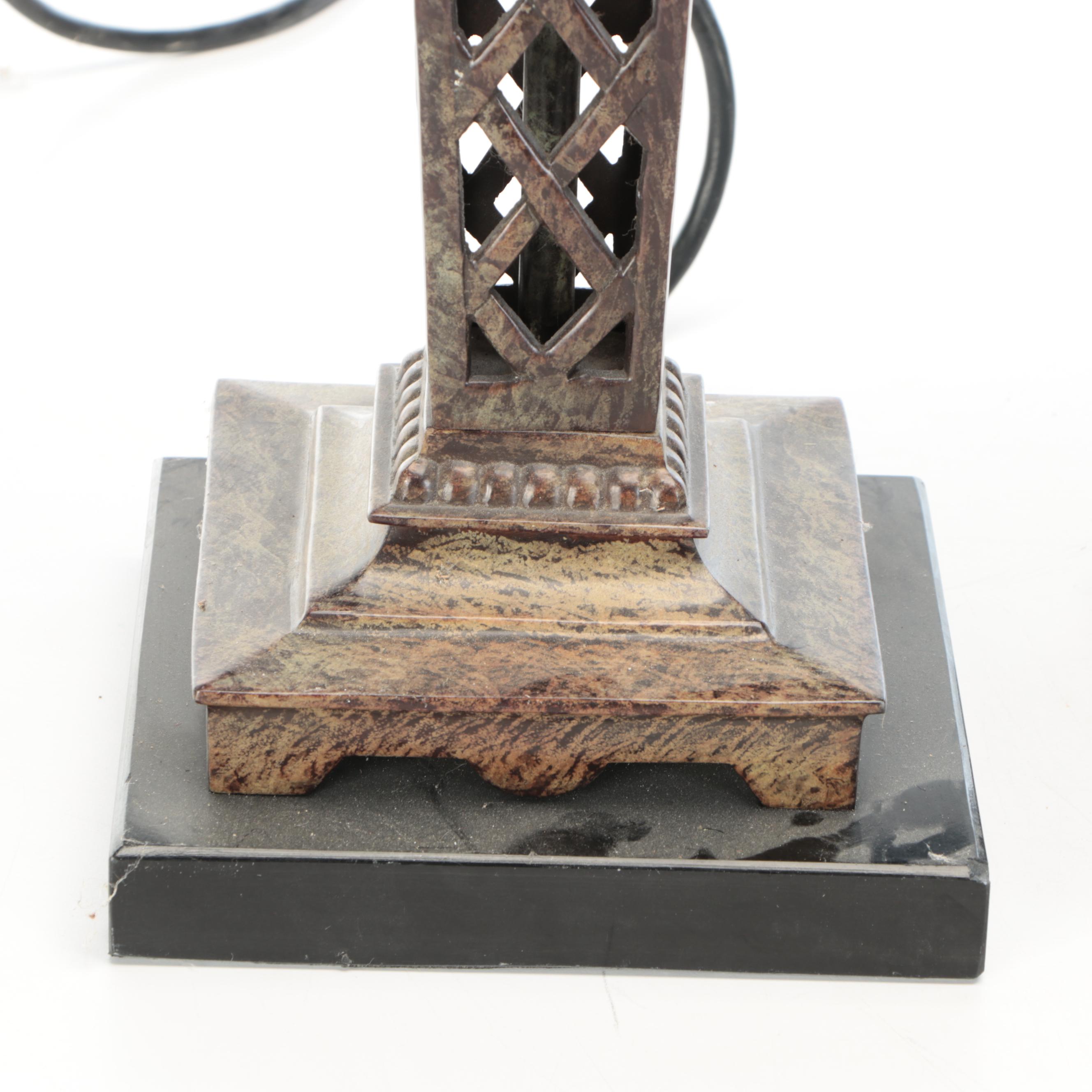 Pair of Frederick Cooper Faux Marbled Metal Lattice Torchère Table Lamps